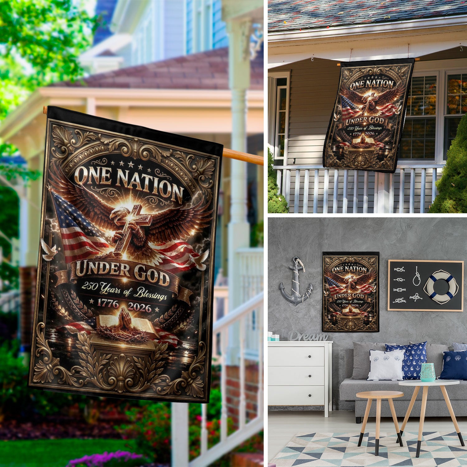 Christian One Nation Under God 250 Years of Blessings USA House Flag 1776–2026 Eagle Cross Patriotic Faith Banner - Rust Field Wear