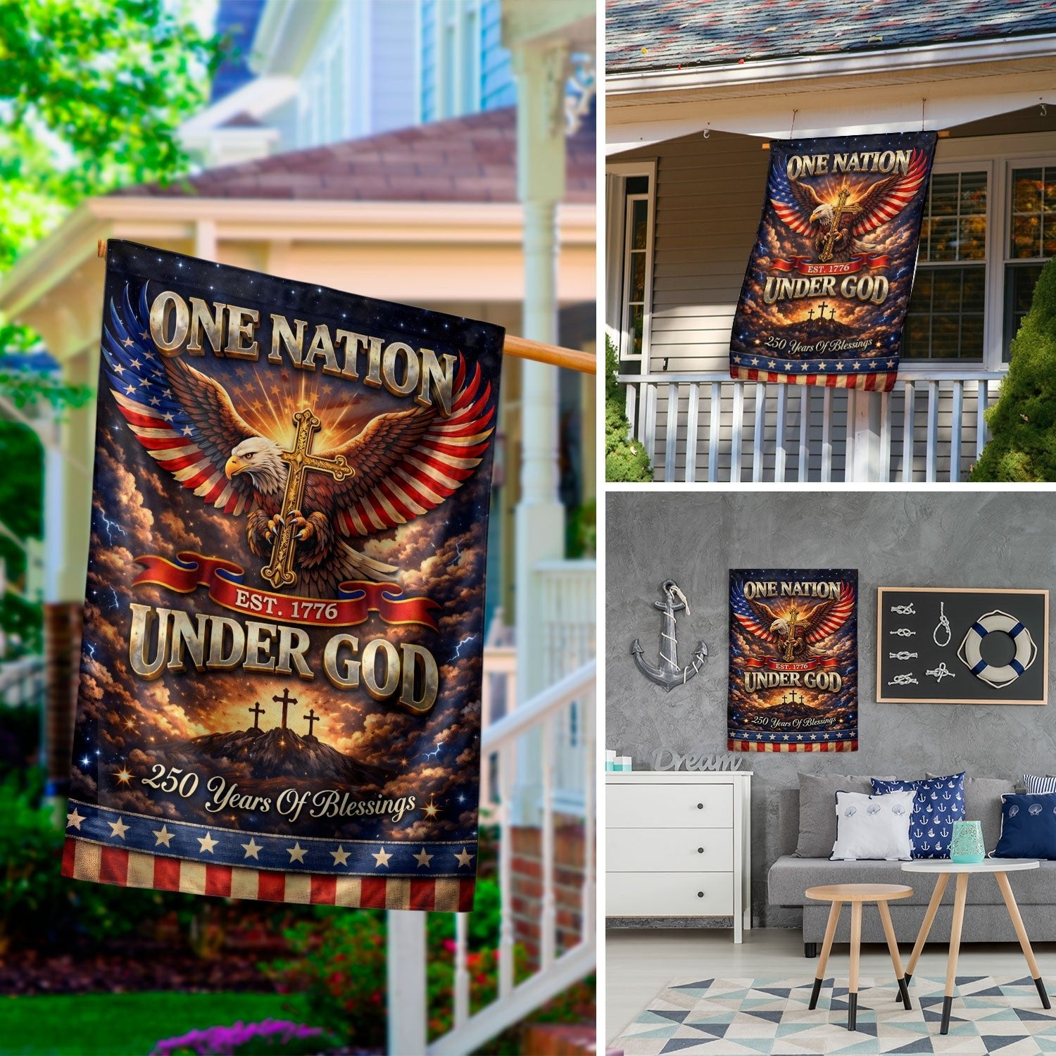 Christian One Nation Under God 250th Anniversary USA Garden Flag 1776–2026 Eagle Cross Faith Patriotic Design - Rust Field Wear