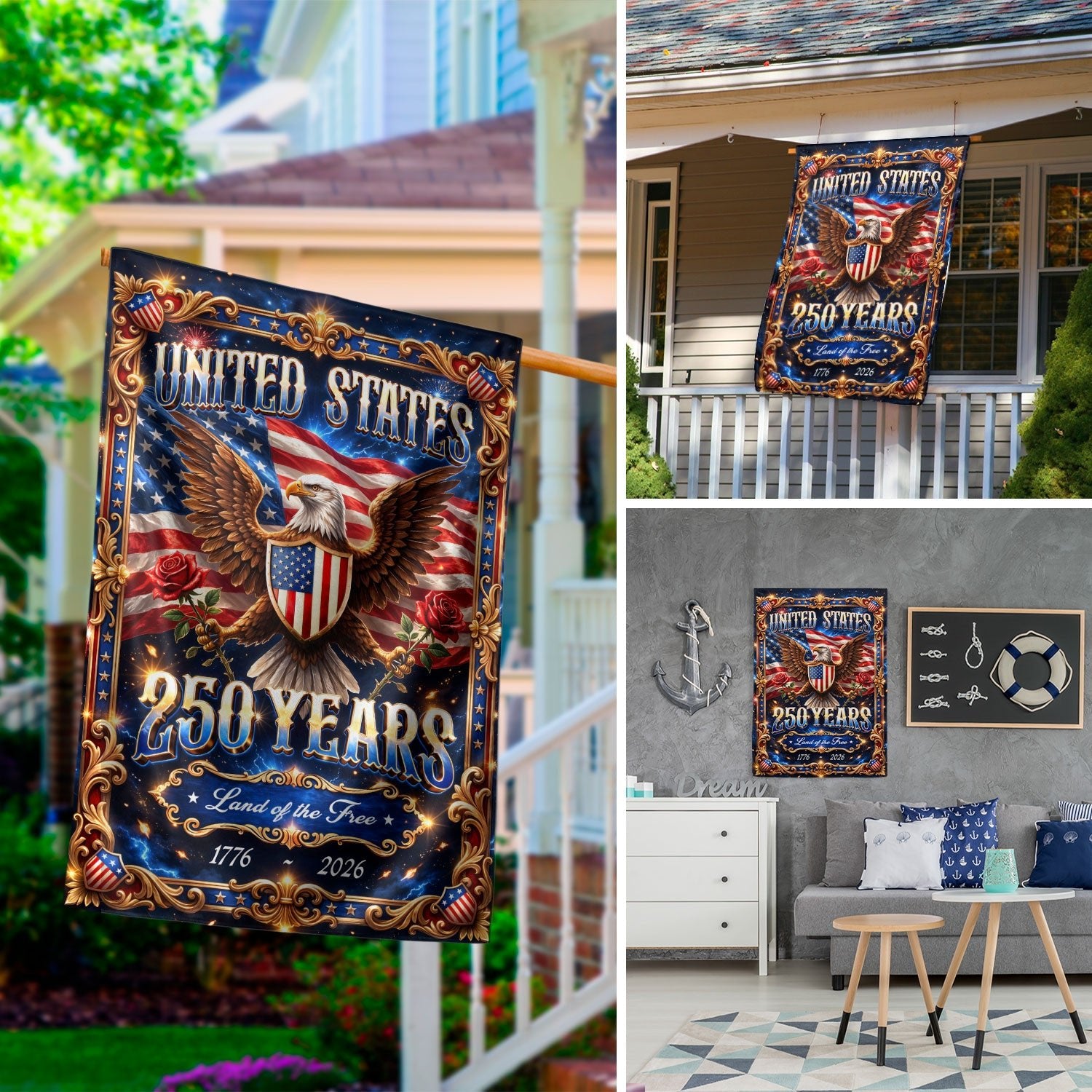 United States 250 Years Garden Flag Eagle Patriotic 1776 2026 Land of the Free - Rust Field Wear