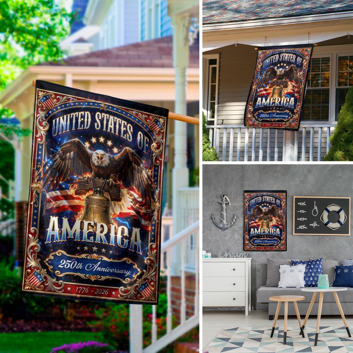 United States America House Flag Bald Eagle Liberty Bell 1776 - 2026 Patriotic - Rust Field Wear
