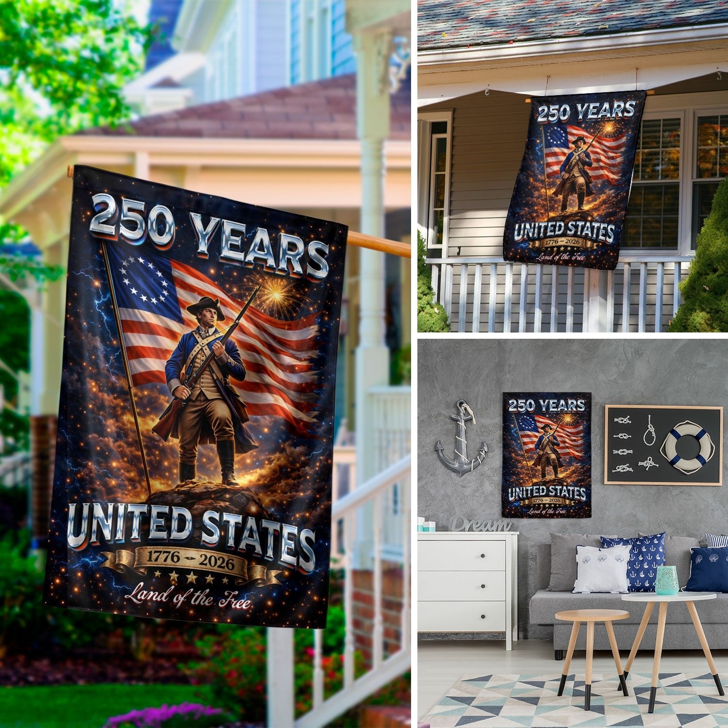 250 Years United States House Flag Patriotic Soldier 1776 - 2026 Land of the Free Banner - Rust Field Wear