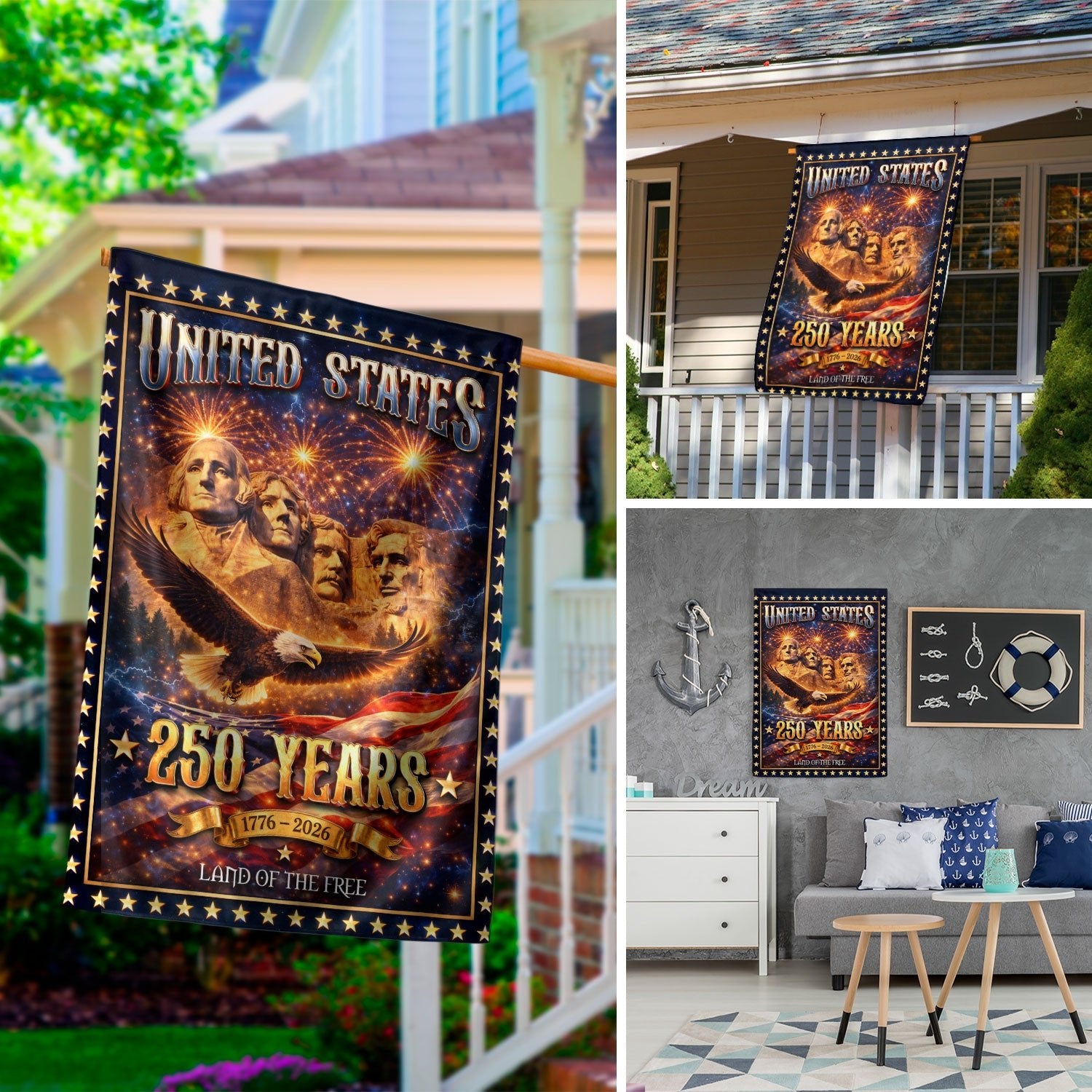 United States 250 Years House Flag Mount Rushmore Eagle 1776 - 2026 Patriotic Banner - Rust Field Wear