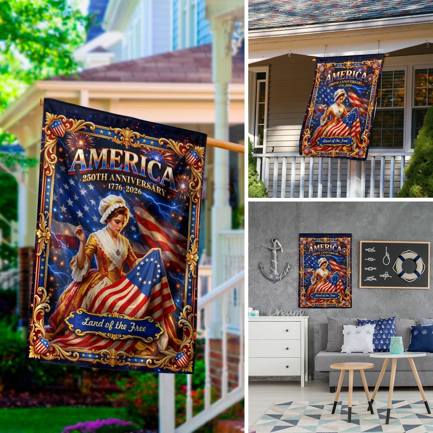 America 250th Anniversary House Flag Betsy Ross Land of the Free 1776 - 2026 - Rust Field Wear