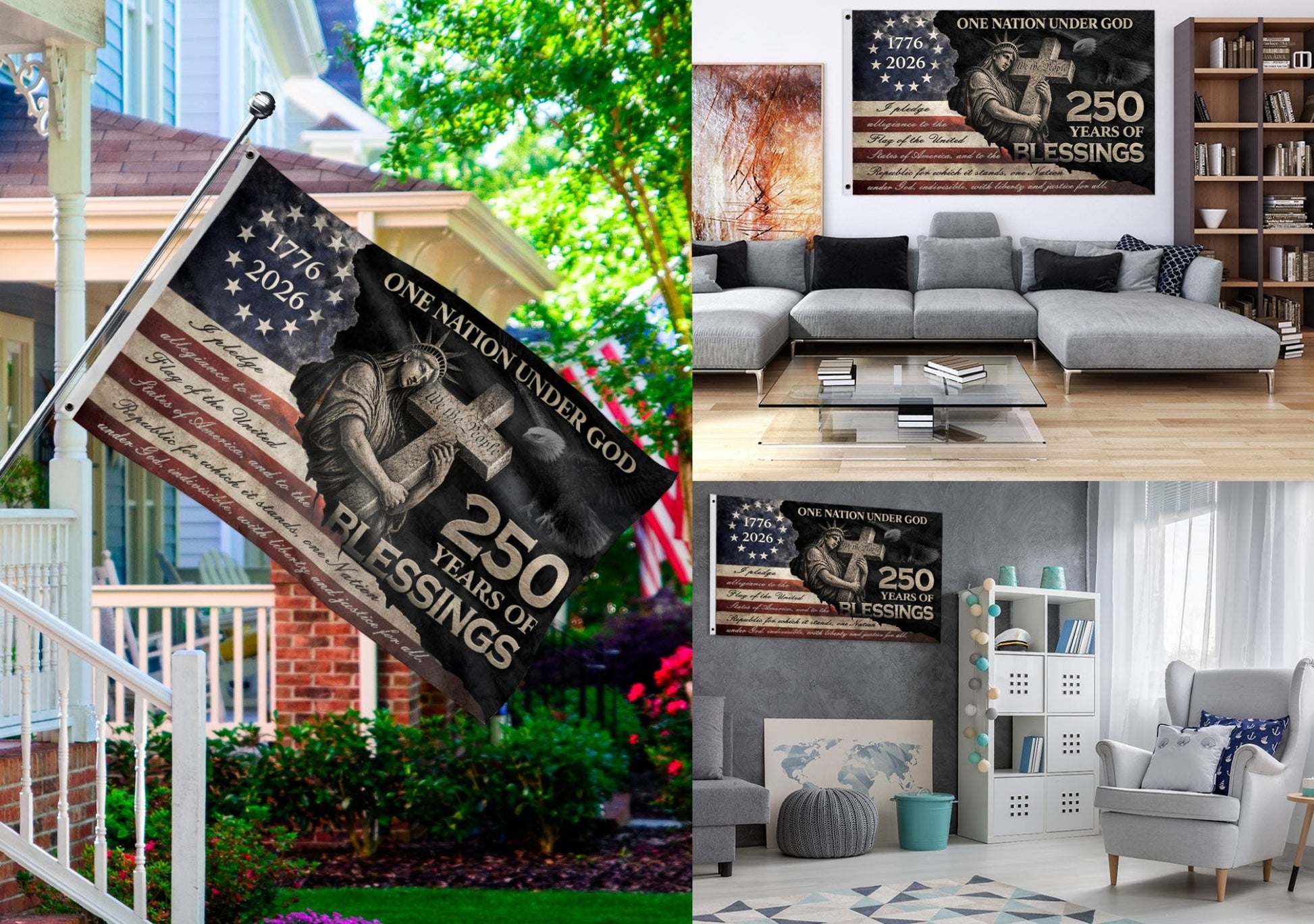 Pledge of Allegiance House Flag 1776-2026 Patriotic Christian 250 Years of Blessings - Rust Field Wear