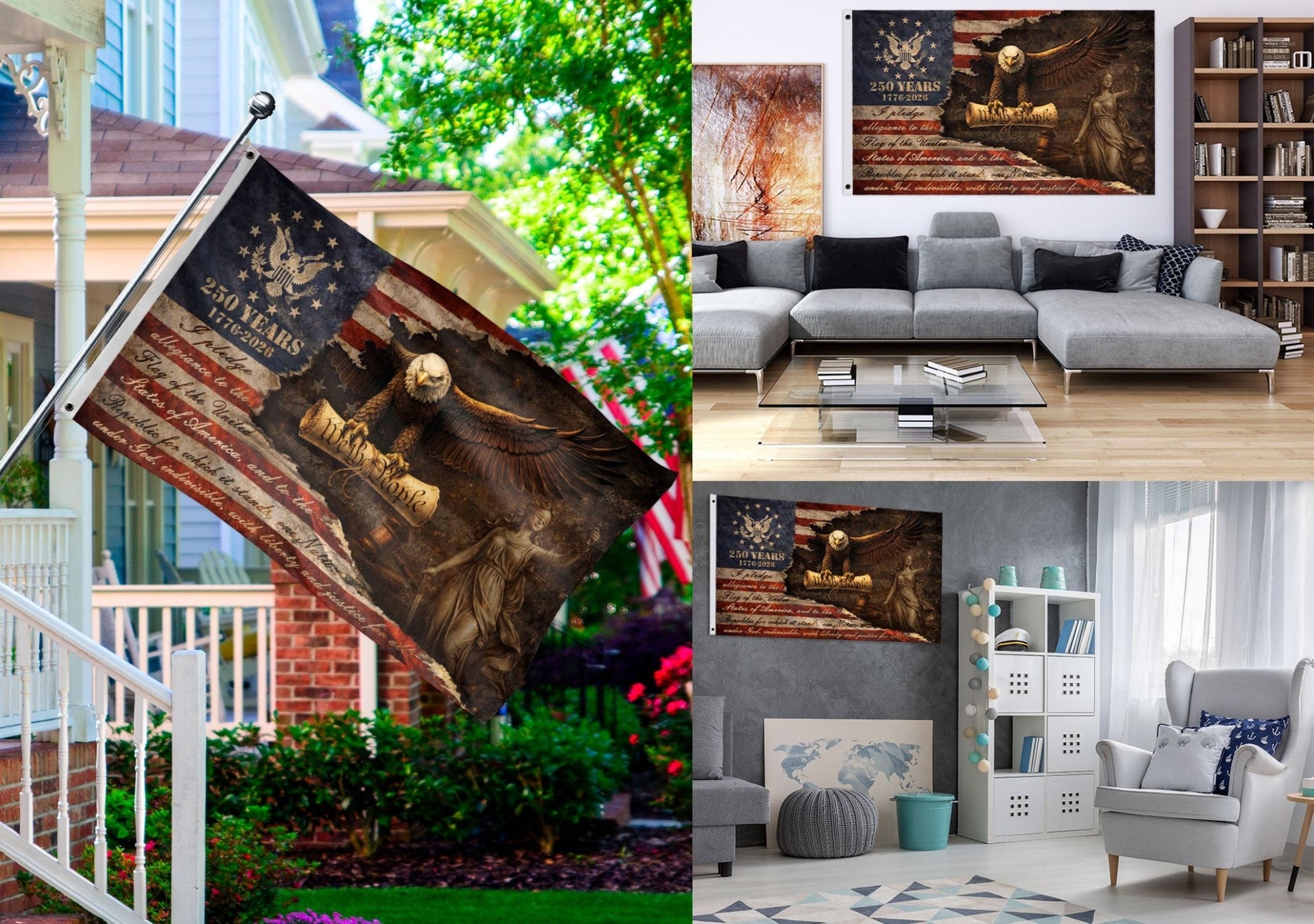Justice Gavel Eagle House Flag 1776-2026 We The People 250 Years Freedom Patriotic Decor - Rust Field Wear