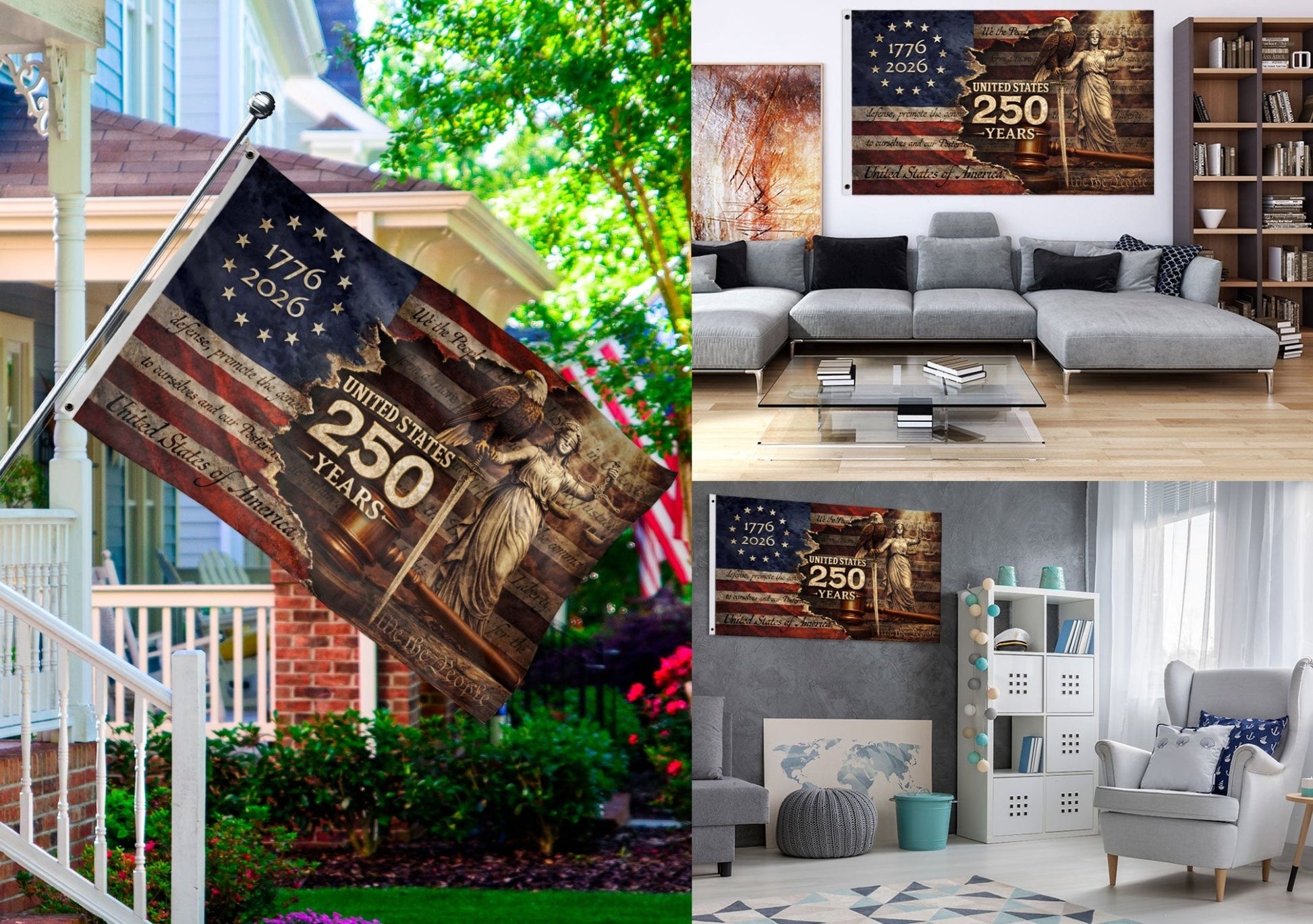 Patriotic Prayer House Flag 1776-2026 Liberty Bell One Nation Under God 250 Years Blessing - Rust Field Wear