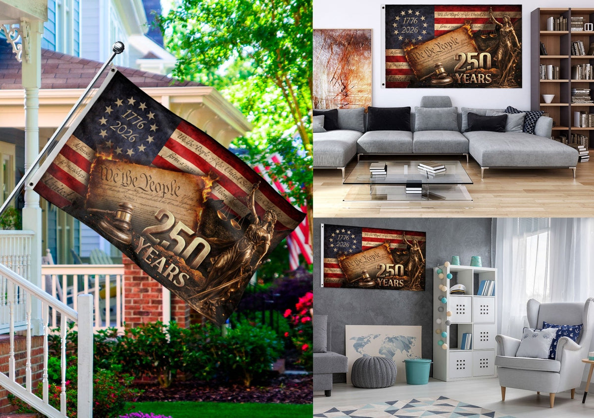 Lady Justice House Flag 1776-2026 We The People 250 Years of Freedom Patriotic Decor - Rust Field Wear