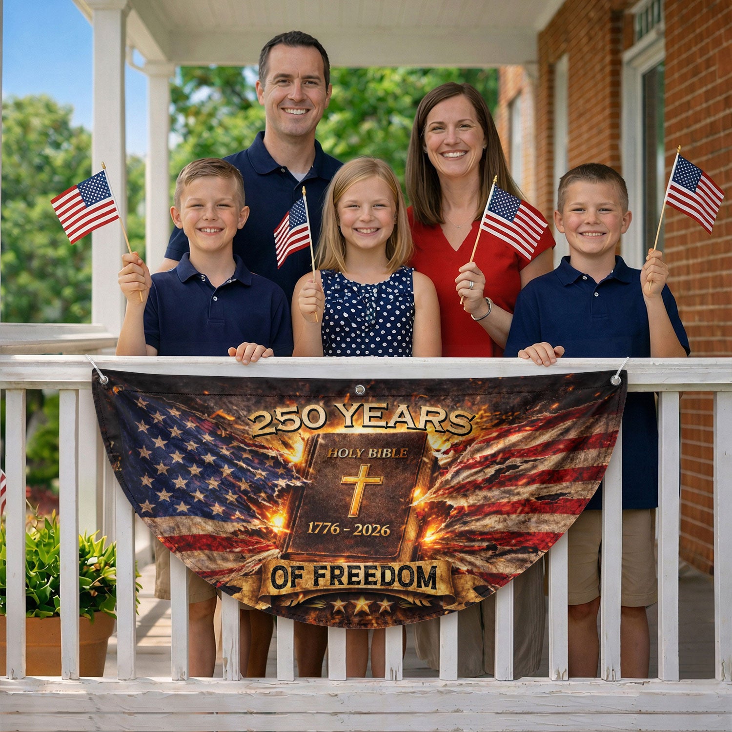 Fence Flag USA 250th Anniversary 1776–2026 Christian Cross Bible Patriotic Banner 250 Year American Freedom Flag - Rust Field Wear