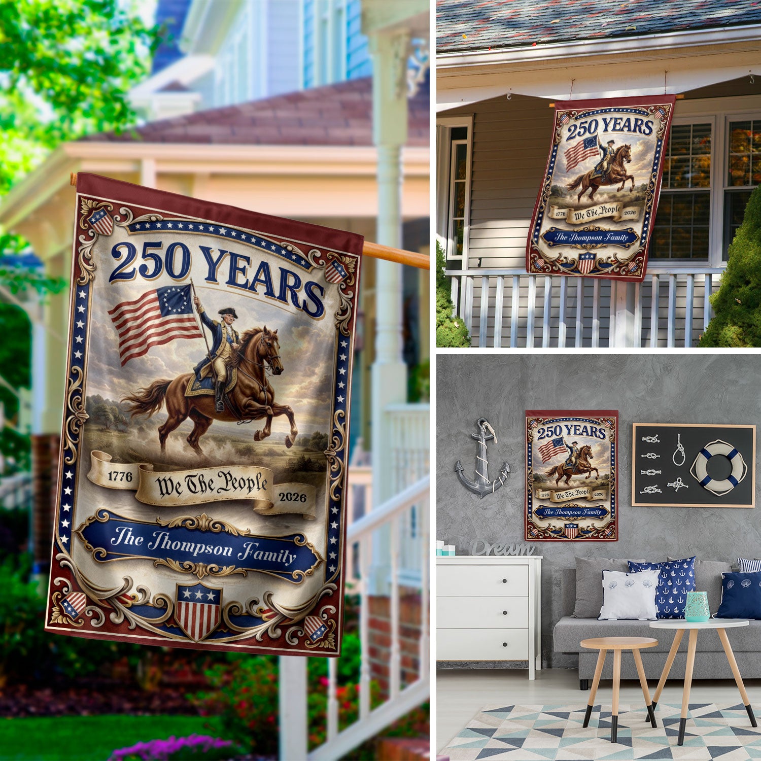 George Washington Horseback Garden Flag Custom Family Name 250 Years Freedom 1776-2026 Patriotic Decor - Rust Field Wear