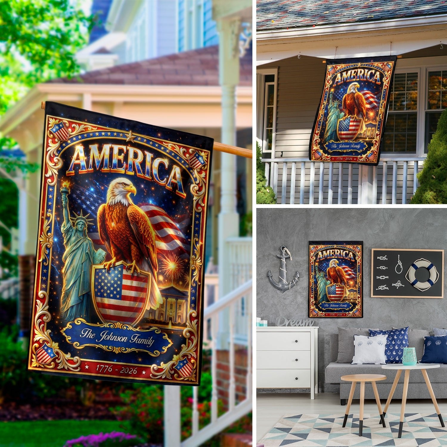 Custom Family Name 250th Anniversary Garden Flag – USA Eagle & Statue of Liberty 1776-2026 - Rust Field Wear