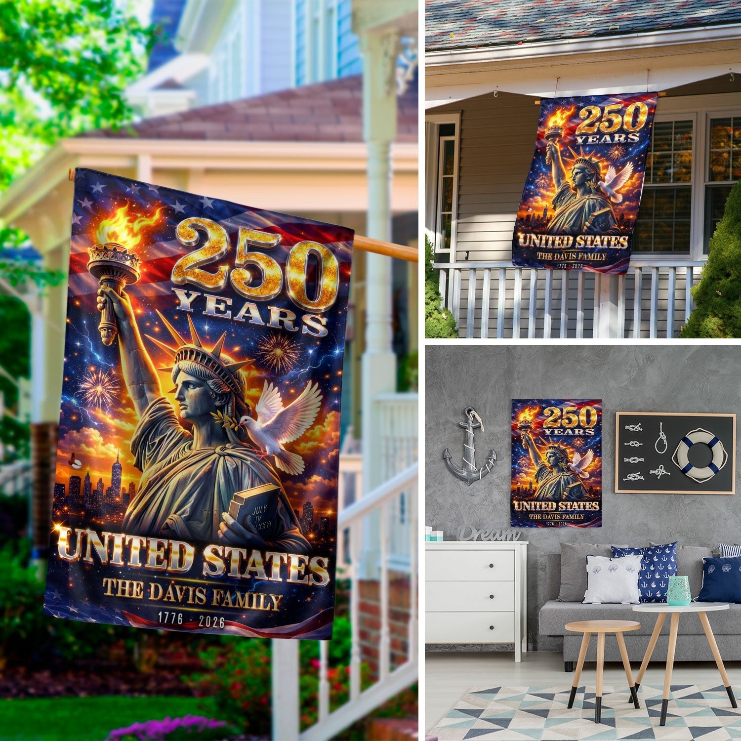 Custom Family Name 250th Anniversary Garden Flag – Statue of Liberty USA 1776-2026 - Rust Field Wear