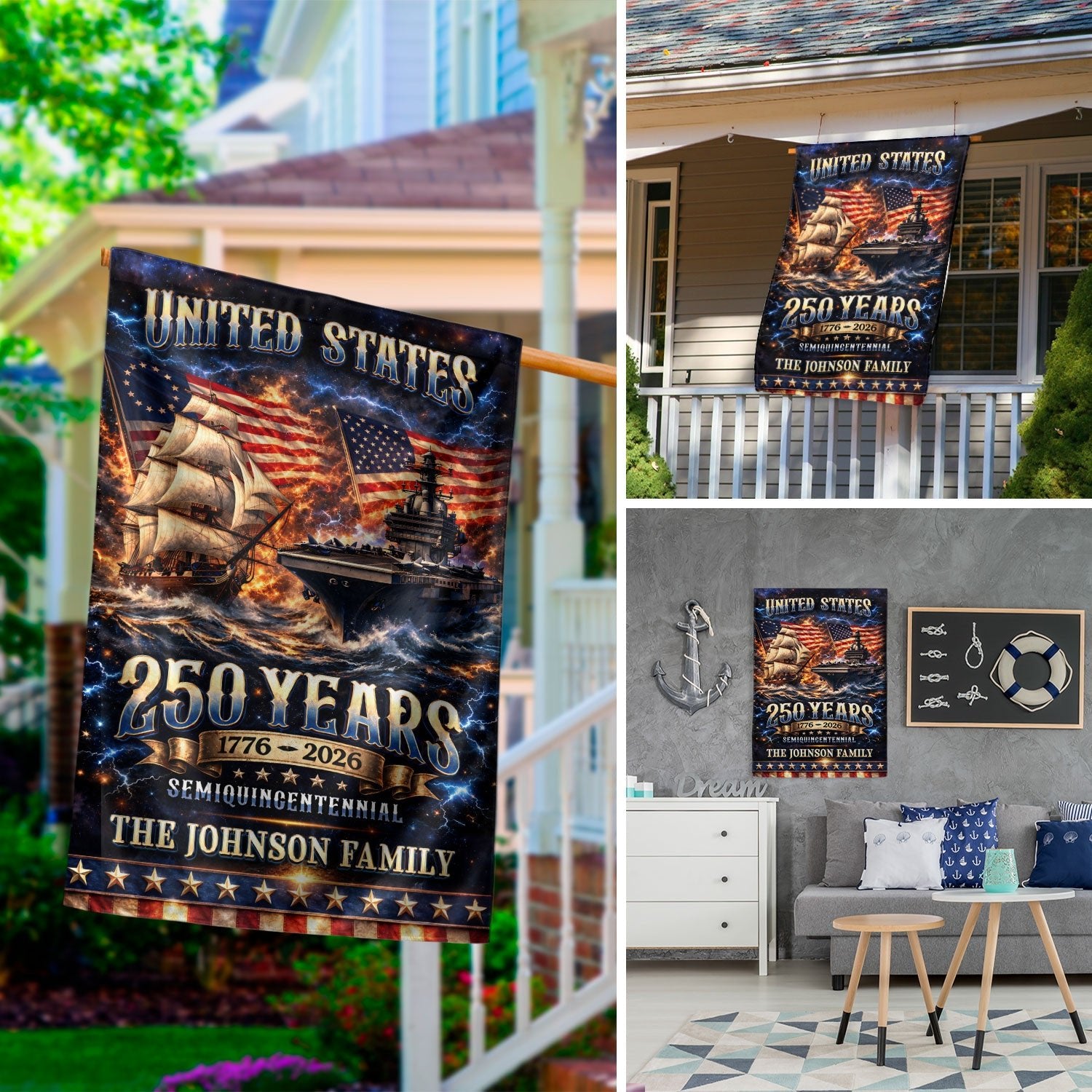 Custom Family Name 250th Anniversary Garden Flag – USA Ship & Navy 1776-2026 - Rust Field Wear