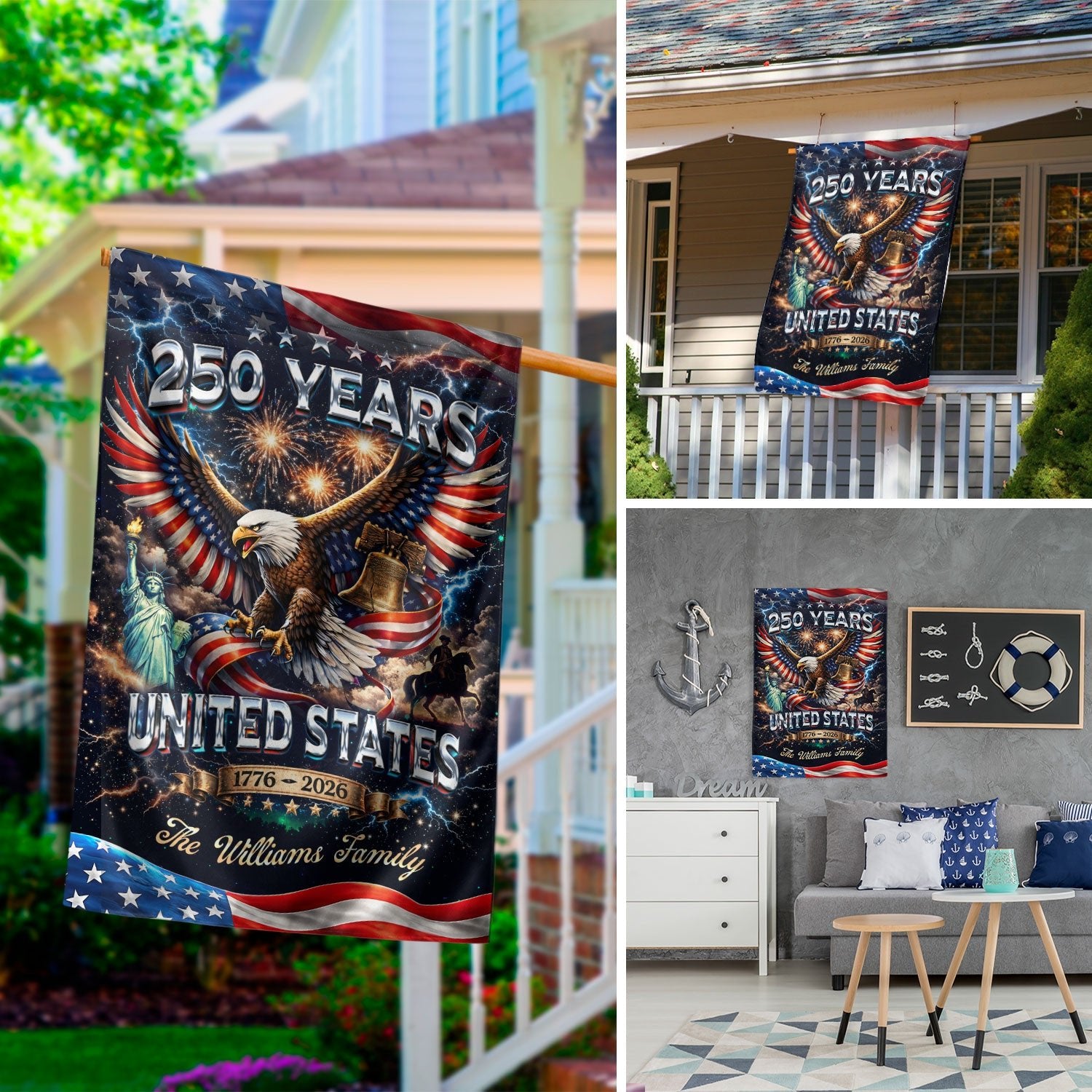 Personalized USA 250th Celebration Garden Flag – Patriotic Eagle, Statue & Fireworks Theme (1776–2026) - Rust Field Wear