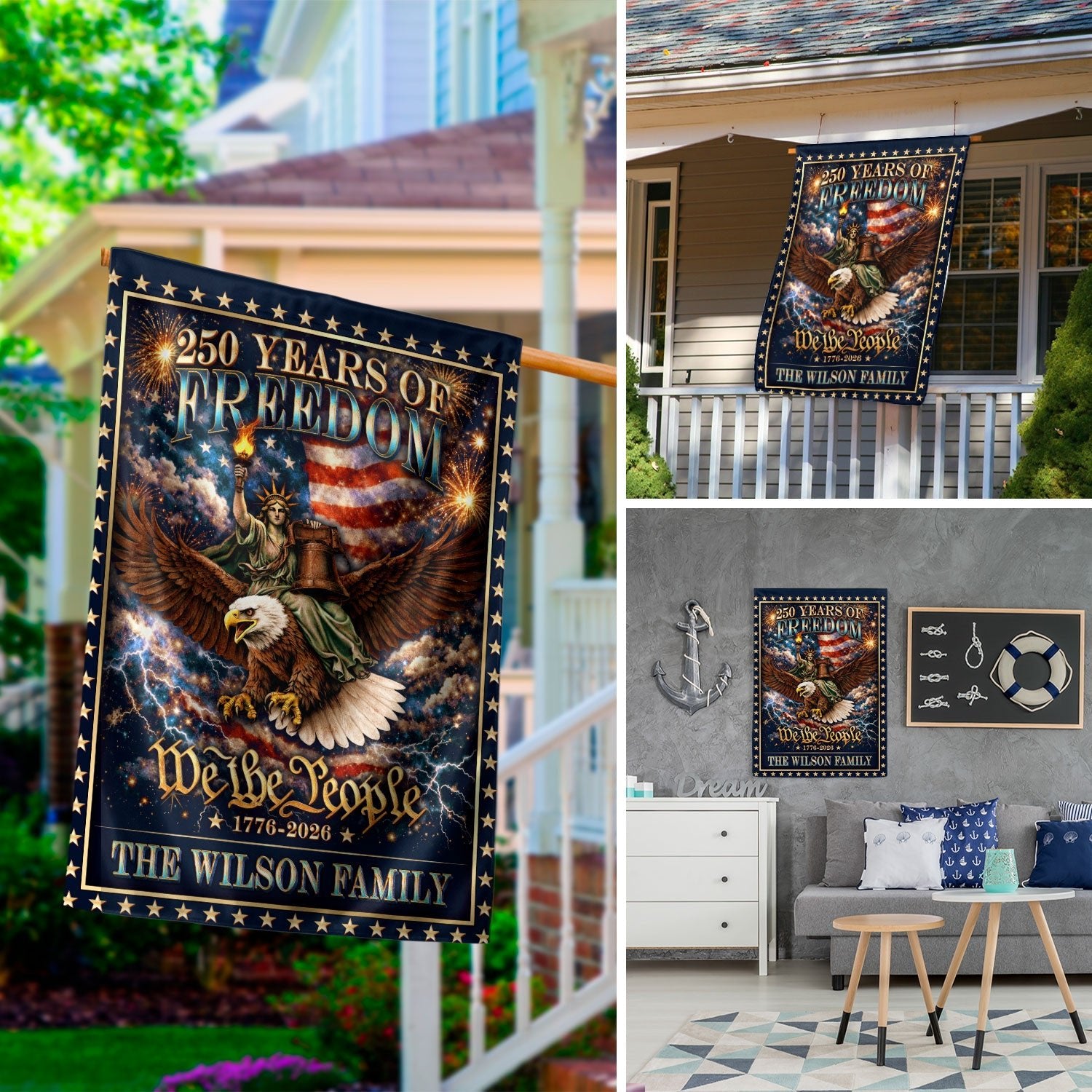 Personalized Patriotic Garden Flag – 250 Years of American Heritage with Liberty & Eagle Motif (1776–2026) - Rust Field Wear