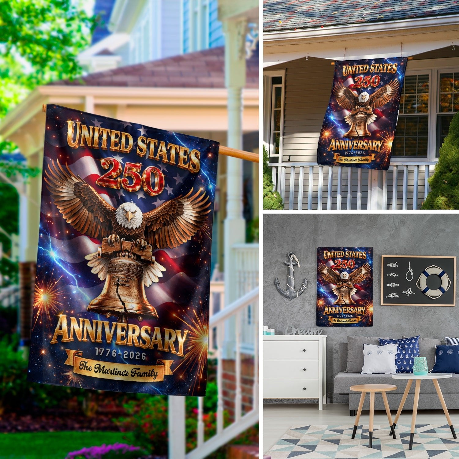Personalized American Celebration Garden Flag – 250-Year Commemorative Design with Eagle & Liberty Bell (1776–2026) - Rust Field Wear