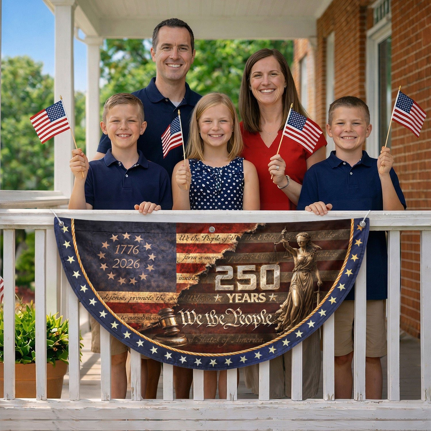 We The People Fence Flag Lady Justice & Gavel 250 Years Patriotic - 1776-2026 Decor - Rust Field Wear