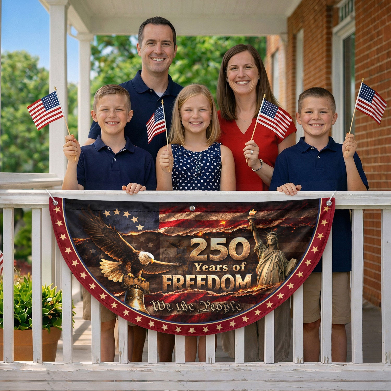 250 Years of Freedom Fence Flag Statue of Liberty Bald Eagle - We The People Flag Decor - Rust Field Wear