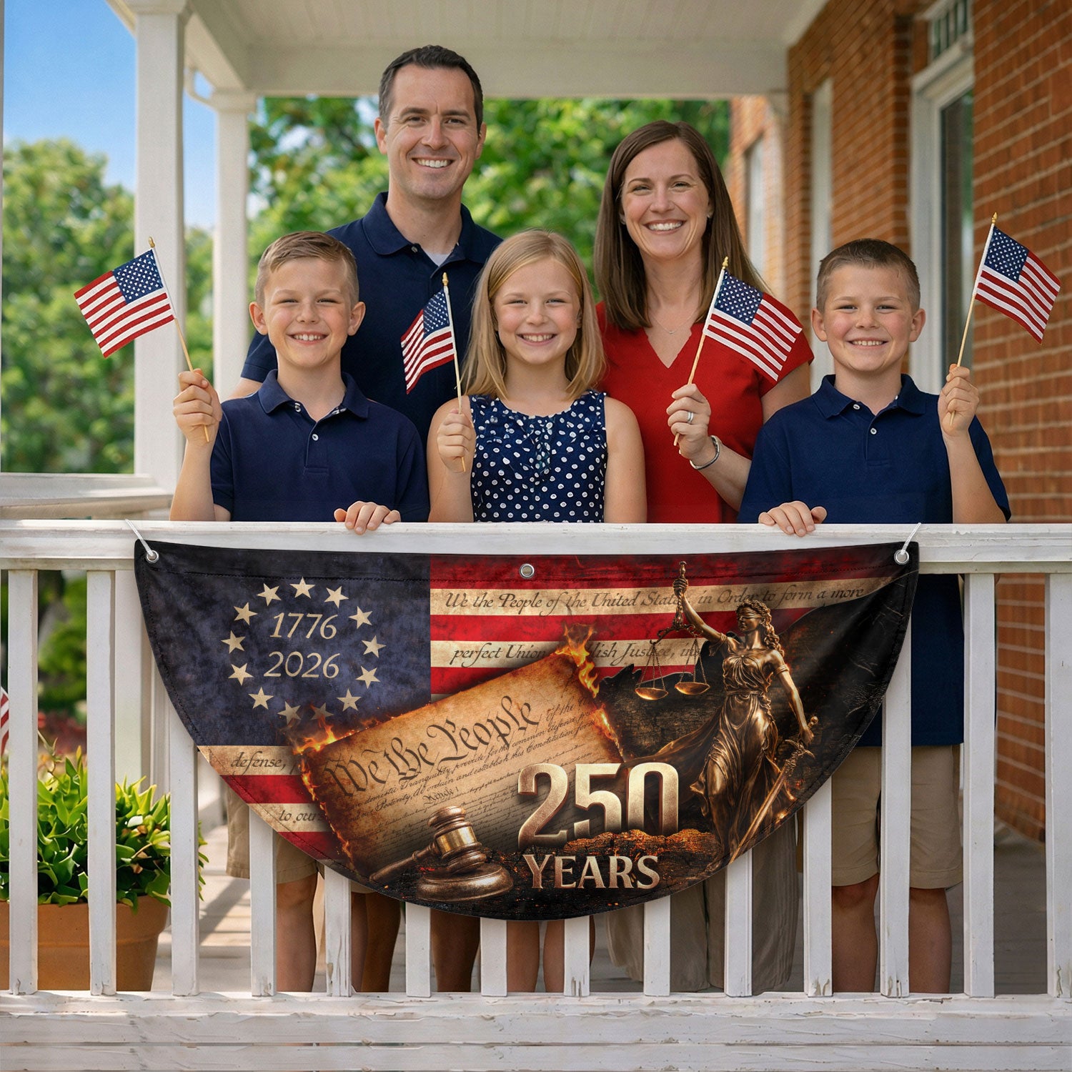 250 Years Lady Justice Fence Flag Patriotic 1776-2026 - We The People Outdoor Banner - Rust Field Wear
