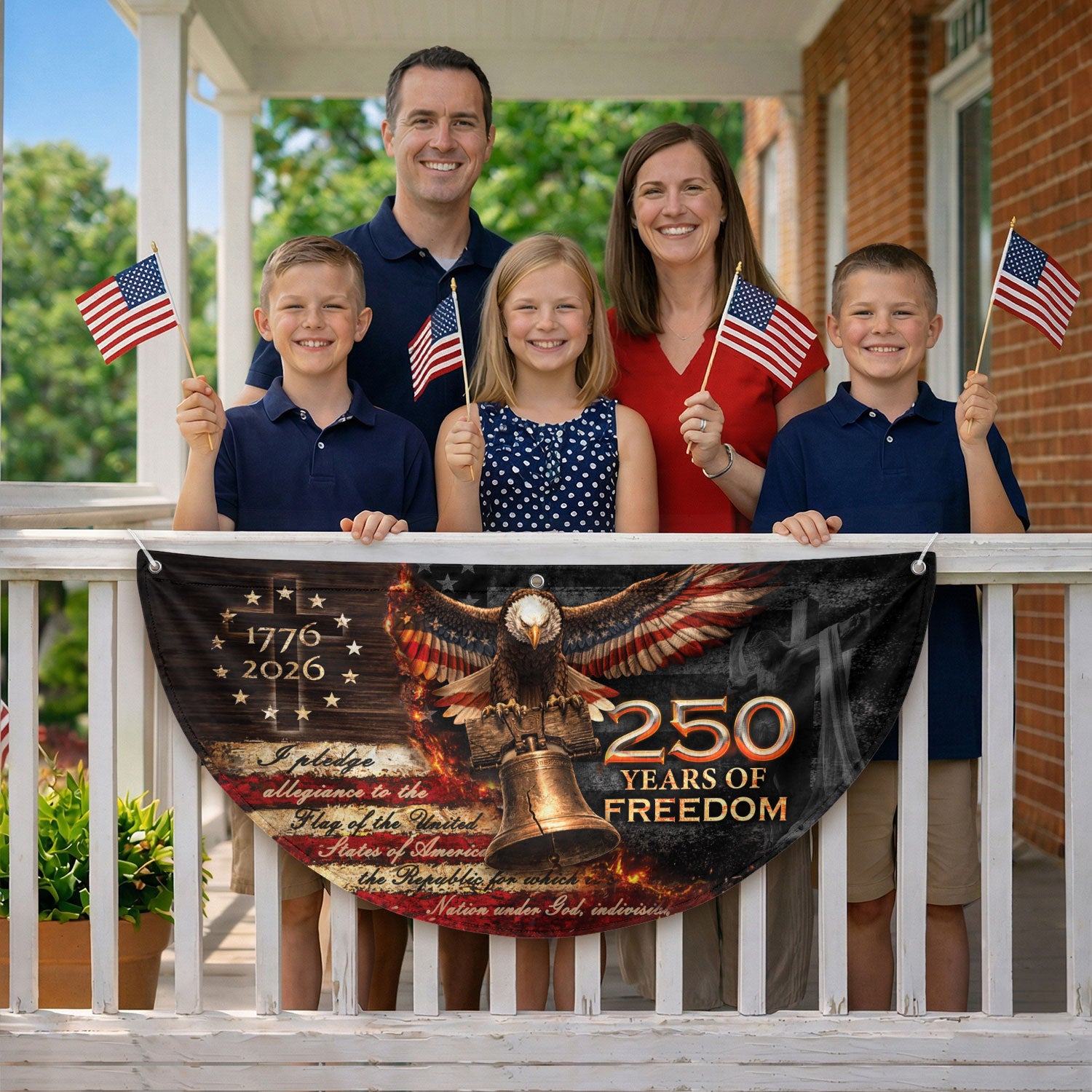 250 Years of Freedom Fence Flag 1776-2026 – Christian Patriotic Cross & Liberty Bell USA Double Sided Banner - Rust Field Wear