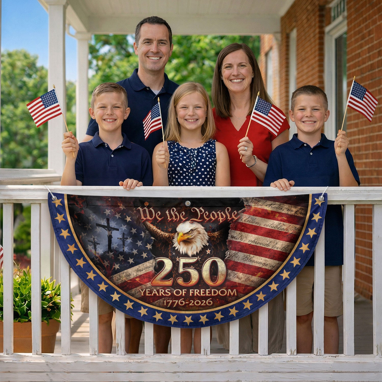 USA 250th Anniversary Fence Flag 1776-2026 – American Flag with Cross We The People Christian Patriotic Banner - Rust Field Wear