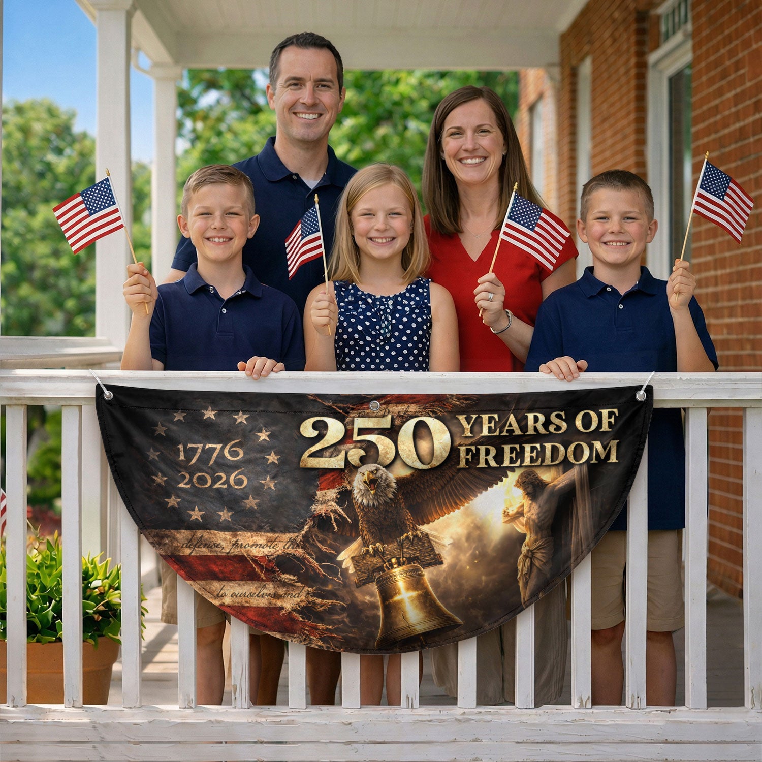 250 Years USA Anniversary Fence Flag 1776-2026 – Jesus & Eagle Christian Patriotic Double Sided Banner - Rust Field Wear