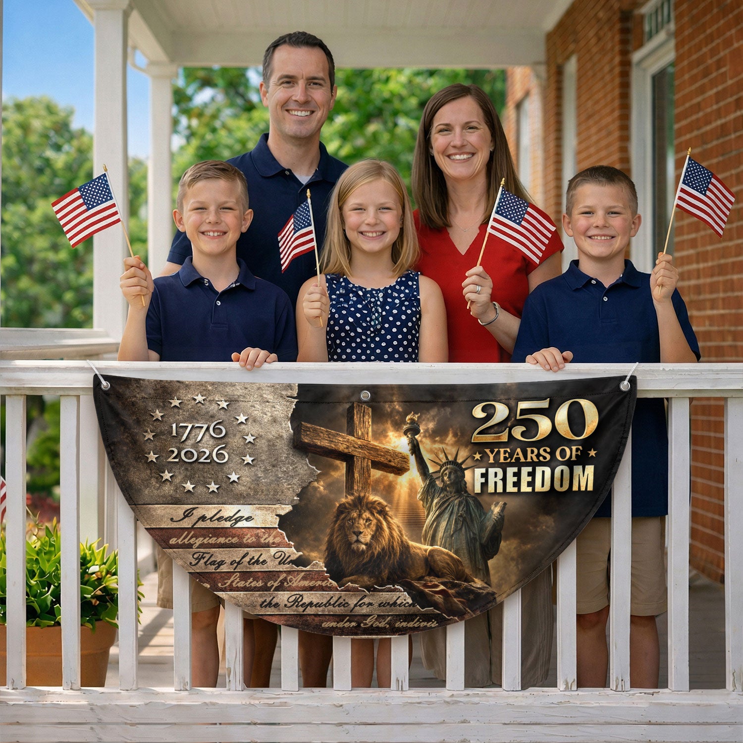 God Bless America 250 Years Fence Flag 1776-2026 – Lion & Cross Christian Patriotic USA Double Sided Banner - Rust Field Wear