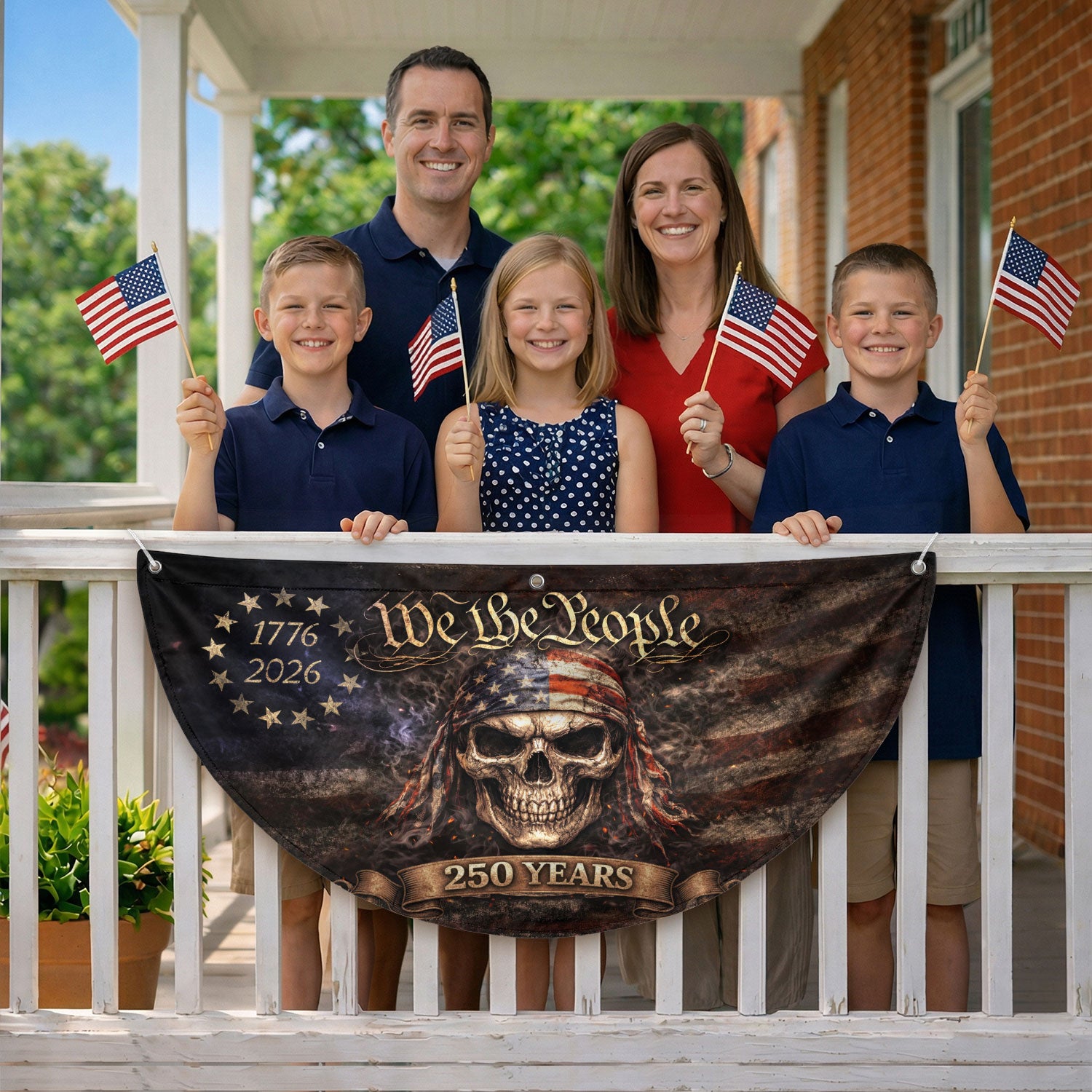 We The People Skull Fence Flag 250 Years 1776-2026 Patriotic Double Sided Banner