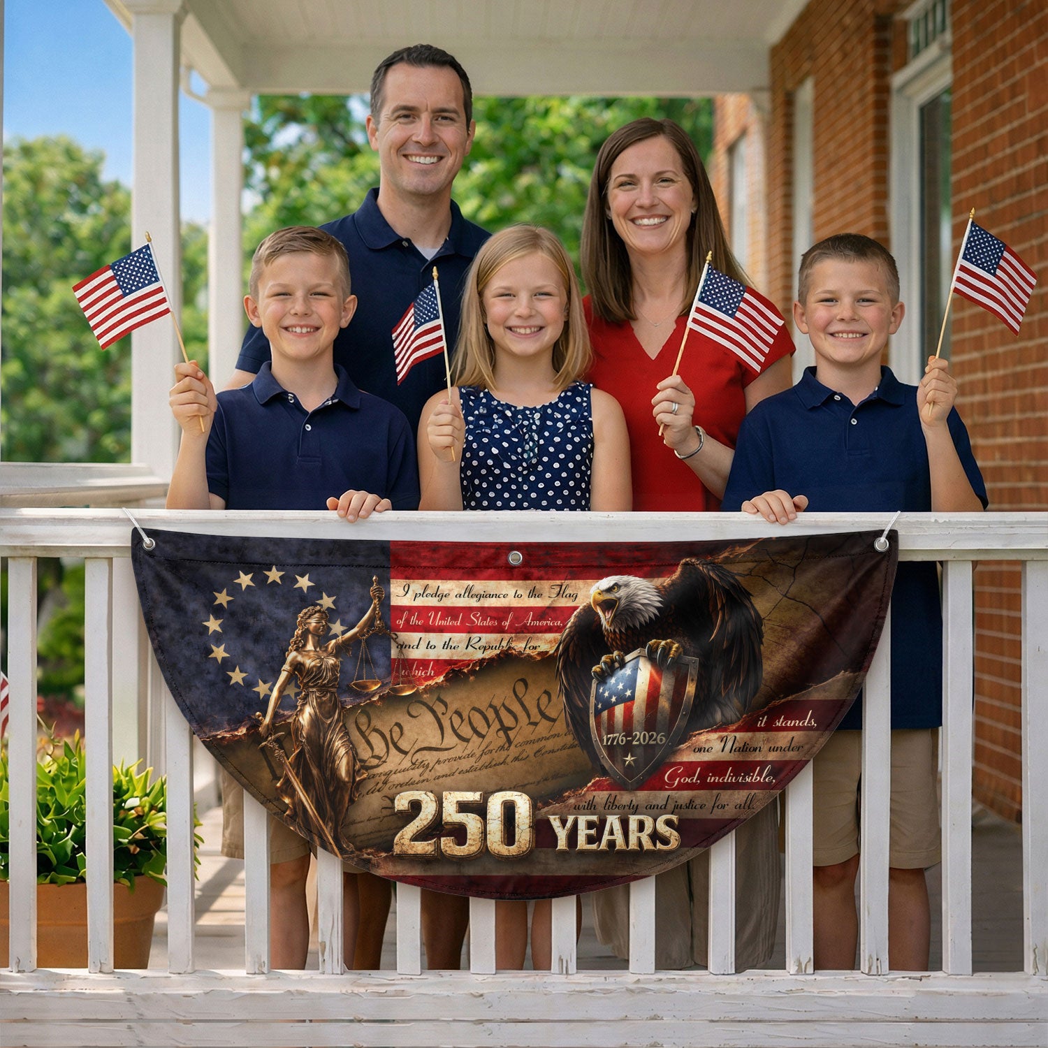 We The People Lady Justice Fence Flag 250 Years Patriotic Eagle - 1776-2026 Flag Decor - Rust Field Wear