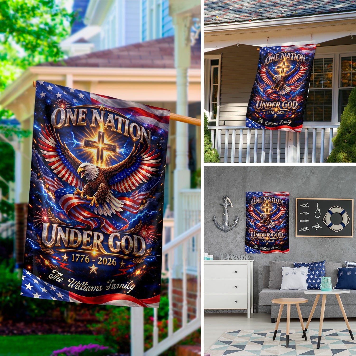 Personalized Faith & Freedom Garden Flag – 250-Year USA Tribute with Eagle and Cross Motif (1776–2026) - Rust Field Wear