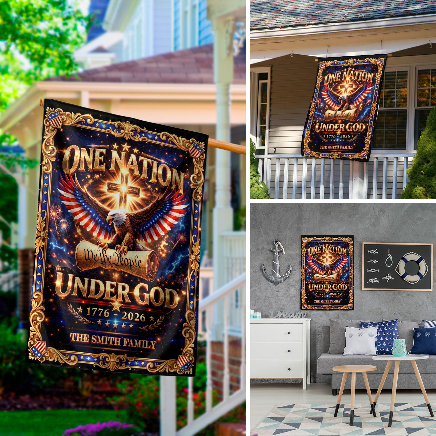 One Nation Under God 250th Anniversary Garden Flag – Custom Family Name with Eagle, Cross & 'We the People' 1776-2026