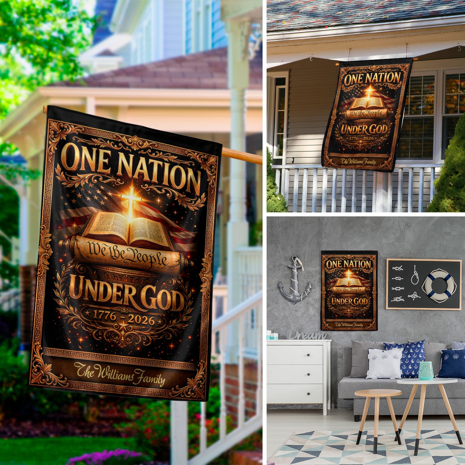 One Nation Under God 250th Anniversary Garden Flag – Custom Family Name with Bible, Cross & 'We the People' 1776-2026
