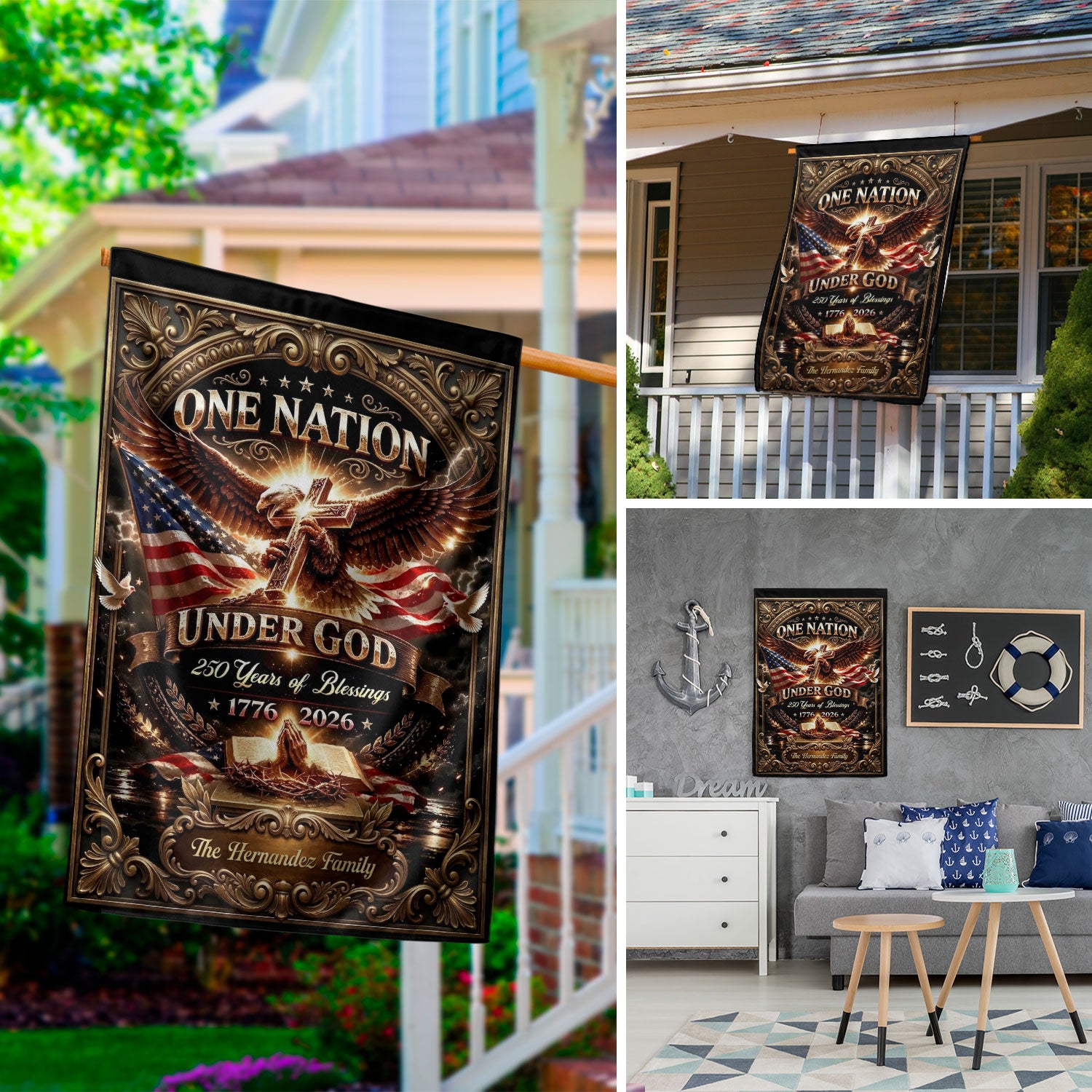 One Nation Under God 250th Anniversary Garden Flag – Custom Family Name with Eagle, Cross & Bible 1776-2026 - Rust Field Wear