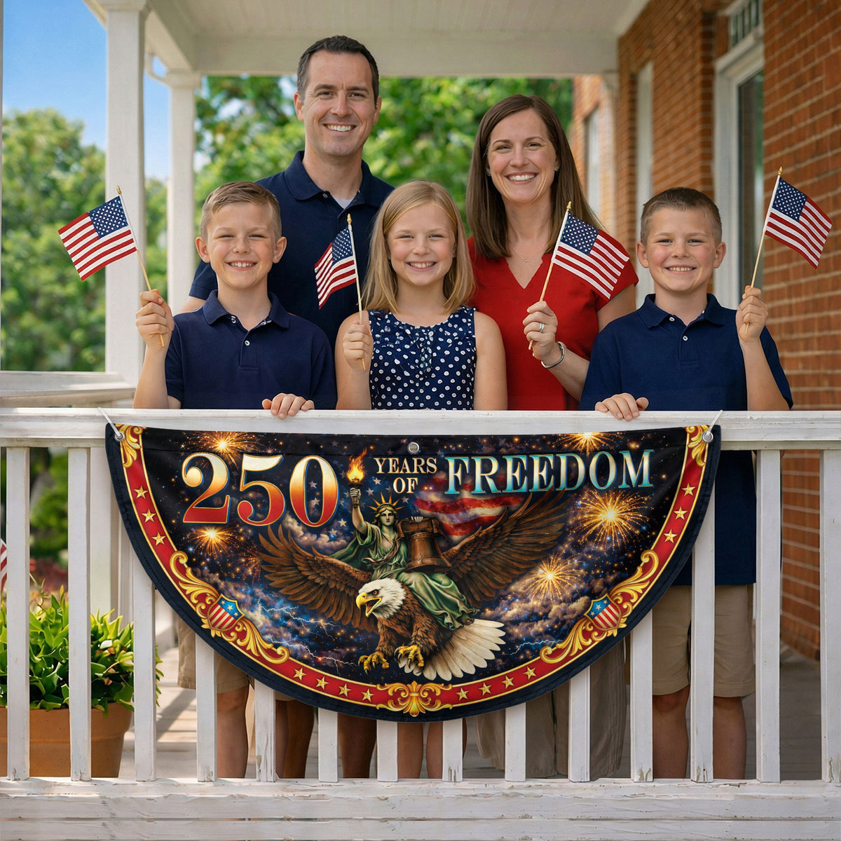 Fence Flag 250 Years of Freedom 1776-2026 Patriotic Eagle Liberty Bell Fireworks Banner - Rust Field Wear