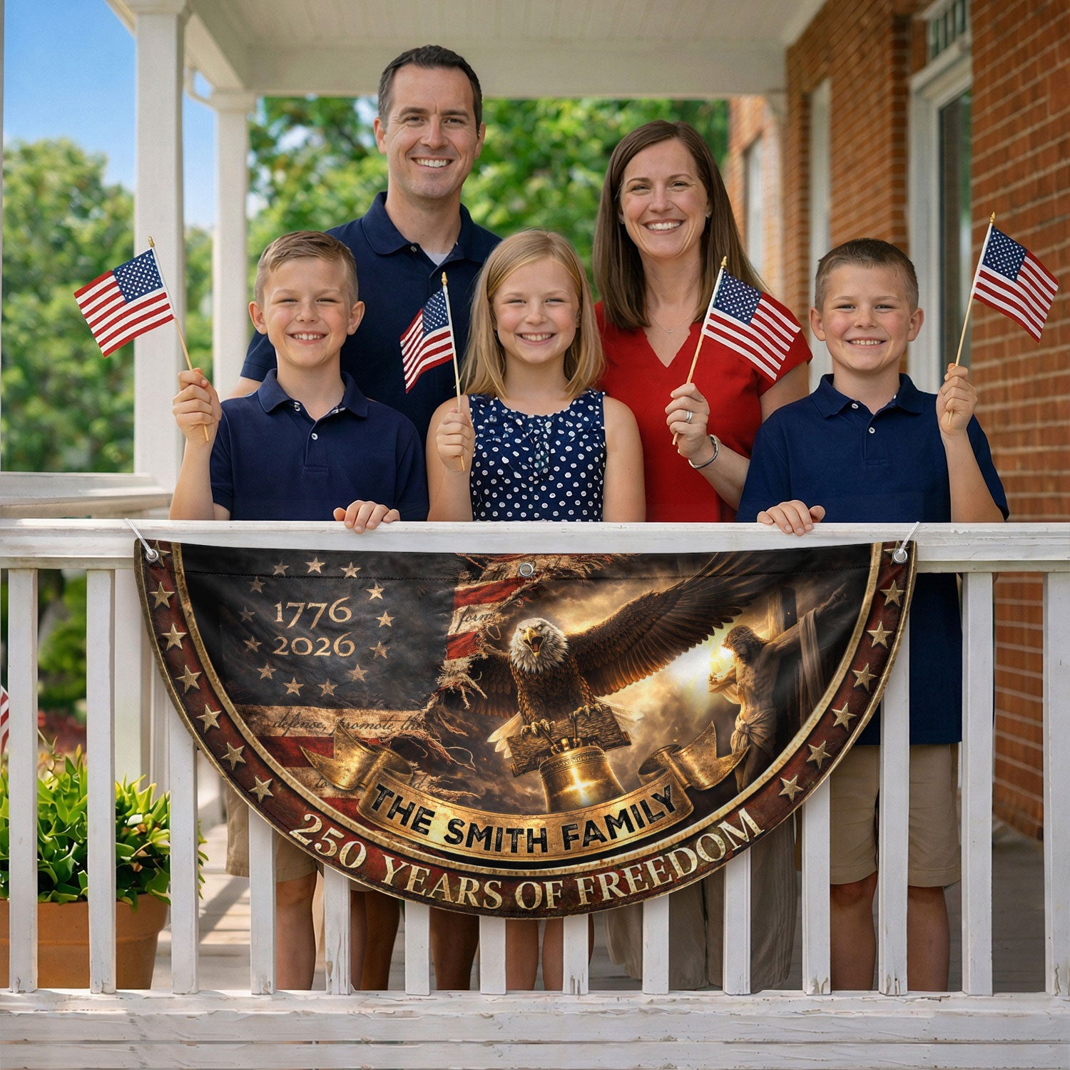 250 Years of Freedom Flag Fence Flag Custom Family Name American Flag with Cross Christian 250th Anniversary Patriotic Banner Gift - Rust Field Wear