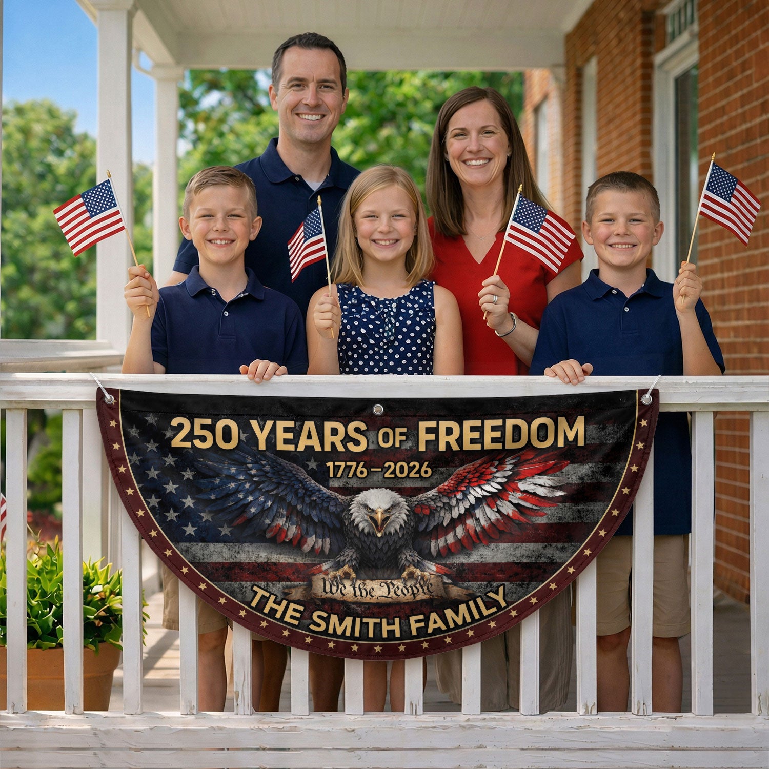 American Bald Eagle Fence Flag Custom Family Name 250 Years Freedom 1776-2026 Patriotic Yard Decor - Rust Field Wear