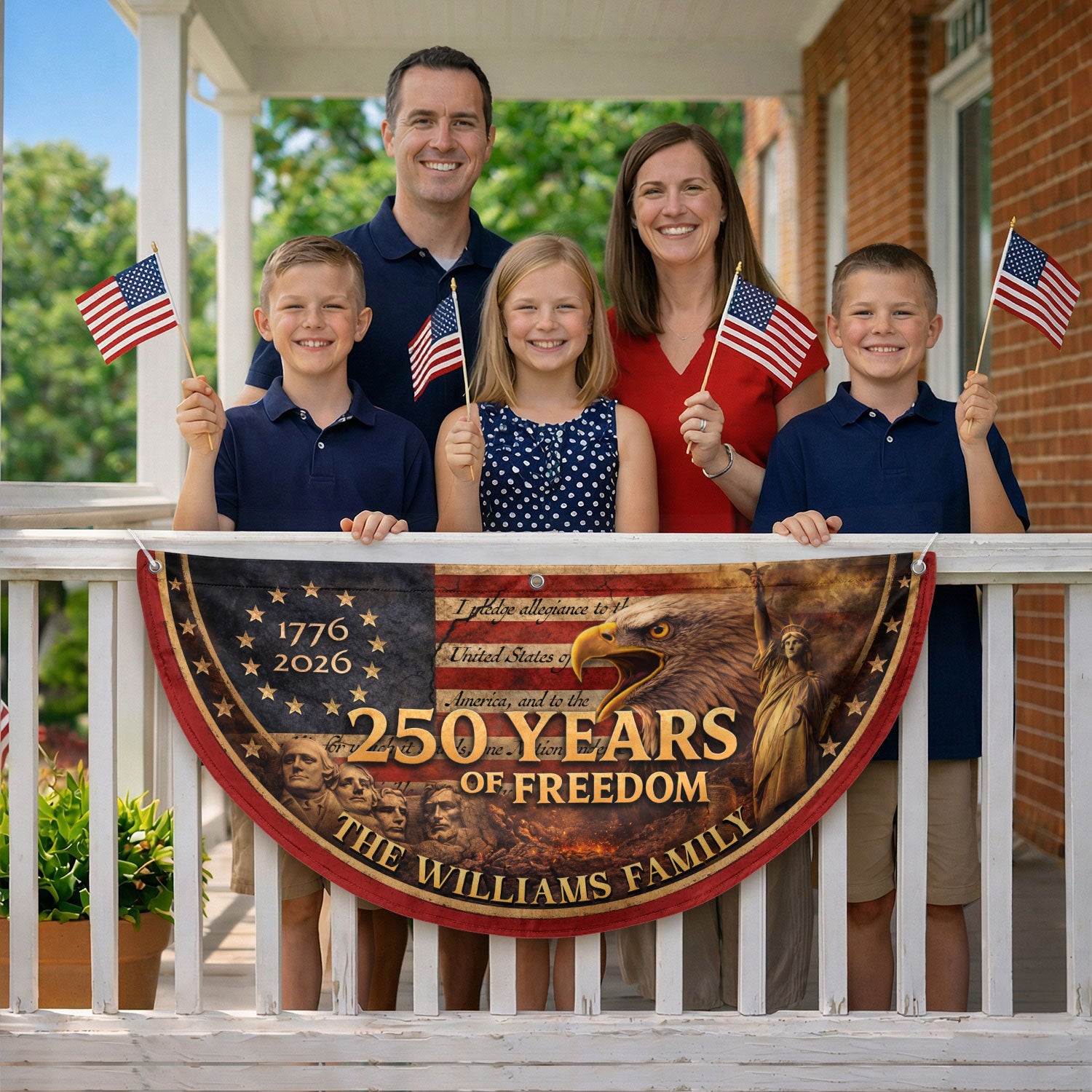 Mount Rushmore Eagle Fence Flag Custom Family Name 250 Years Freedom 1776-2026 Patriotic Yard Decor - Rust Field Wear