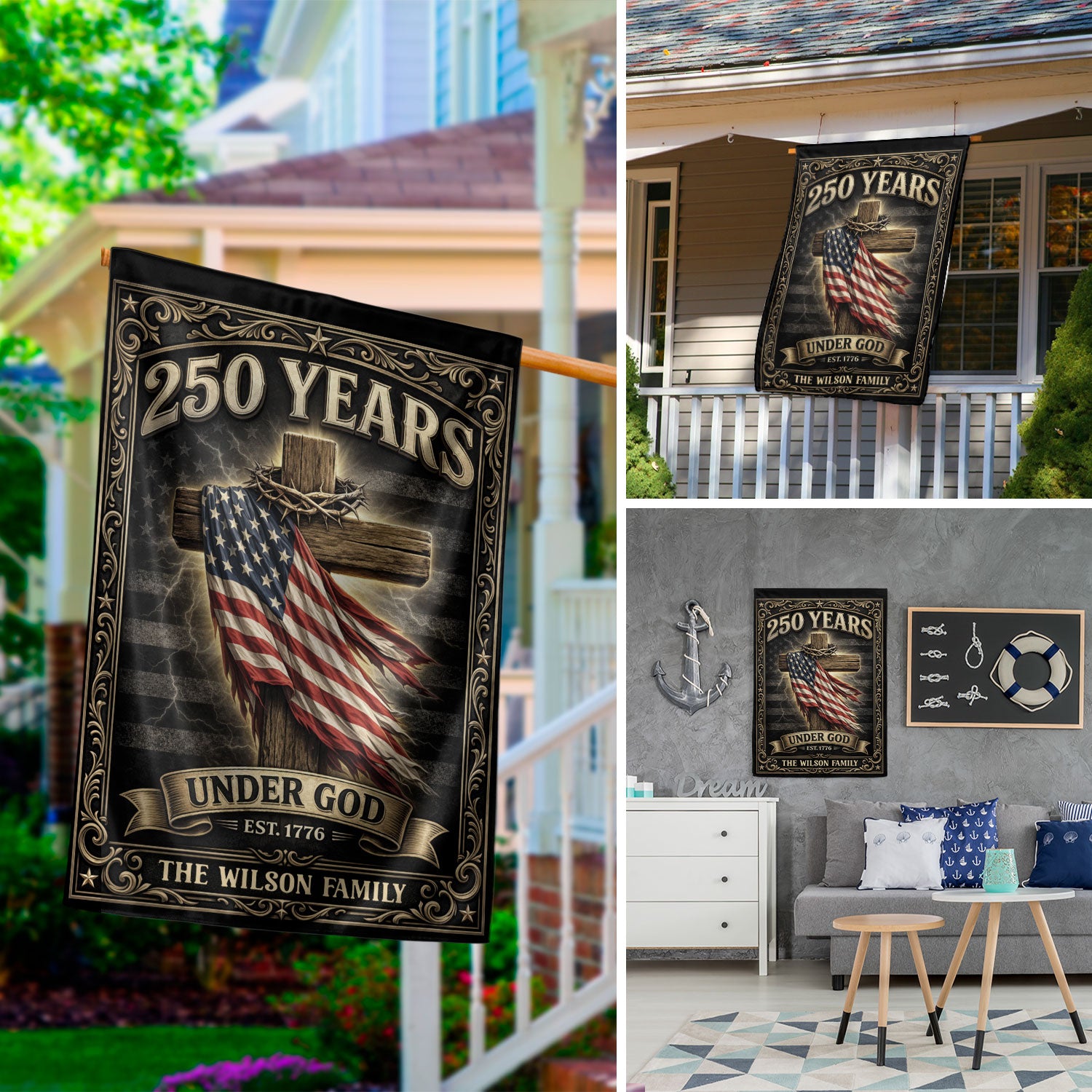 Personalized Family Name Garden Flag 250 Years Under God Cross Patriotic Outdoor Decor - Rust Field Wear
