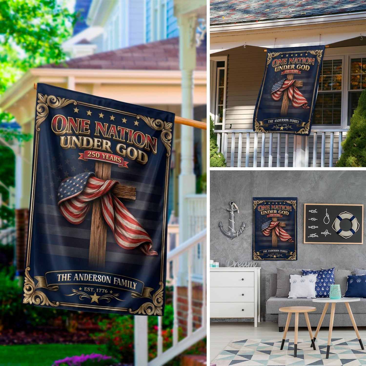 Custom Family Name Garden Flag One Nation Under God 250 Years Patriotic Cross Decor - Rust Field Wear