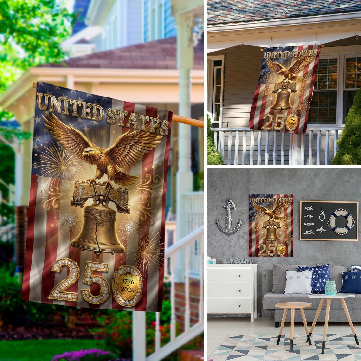 250th Anniversary House Flag USA Eagle Liberty Bell Patriotic Banner 1776-2026 Decor - Rust Field Wear