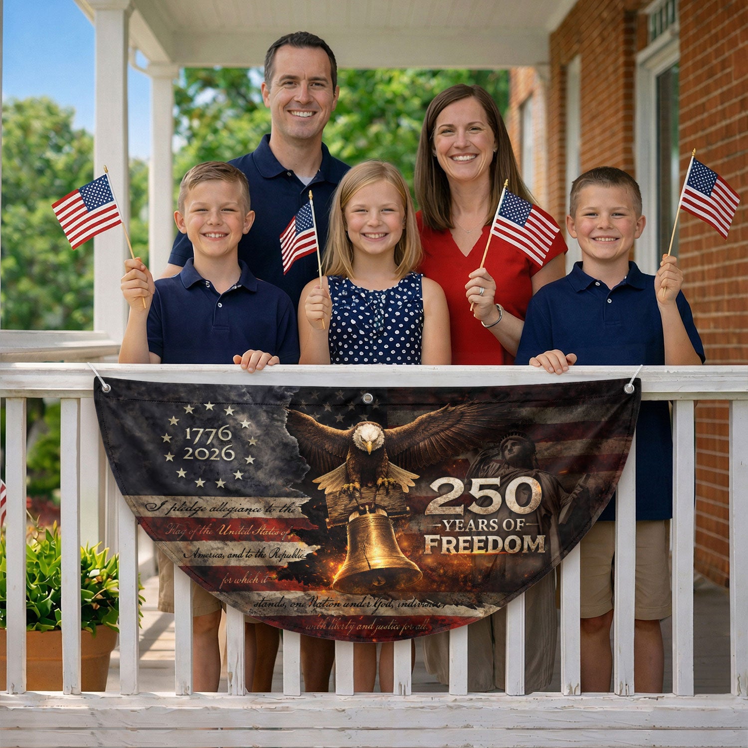 American 250 Year Fence Flag 1776 to 2026 Freedom Eagle Bell Patriotic Outdoor Decor - Rust Field Wear