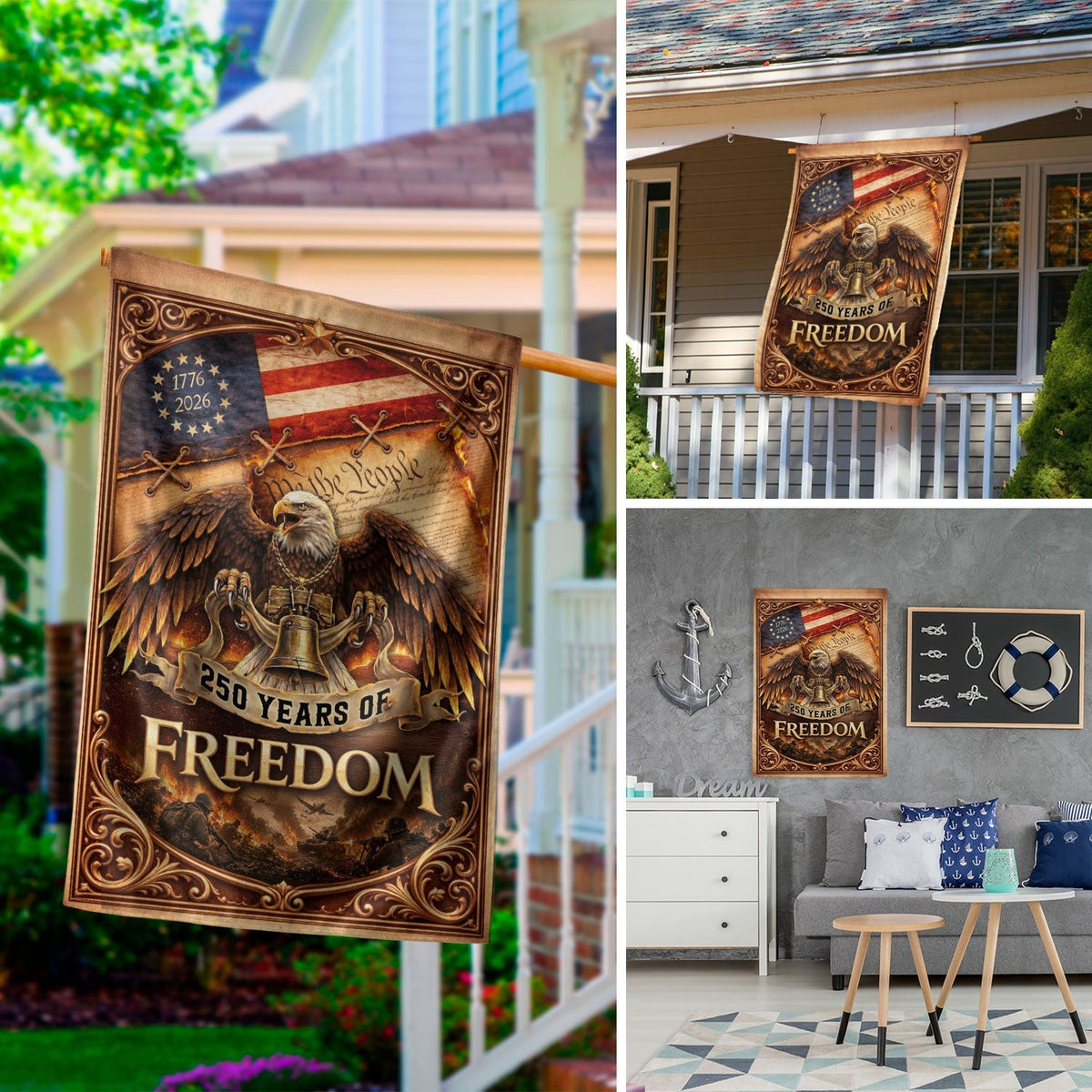 250th Anniversary House Flag 1776-2026 Eagle Freedom Patriotic Outdoor Banner - Rust Field Wear