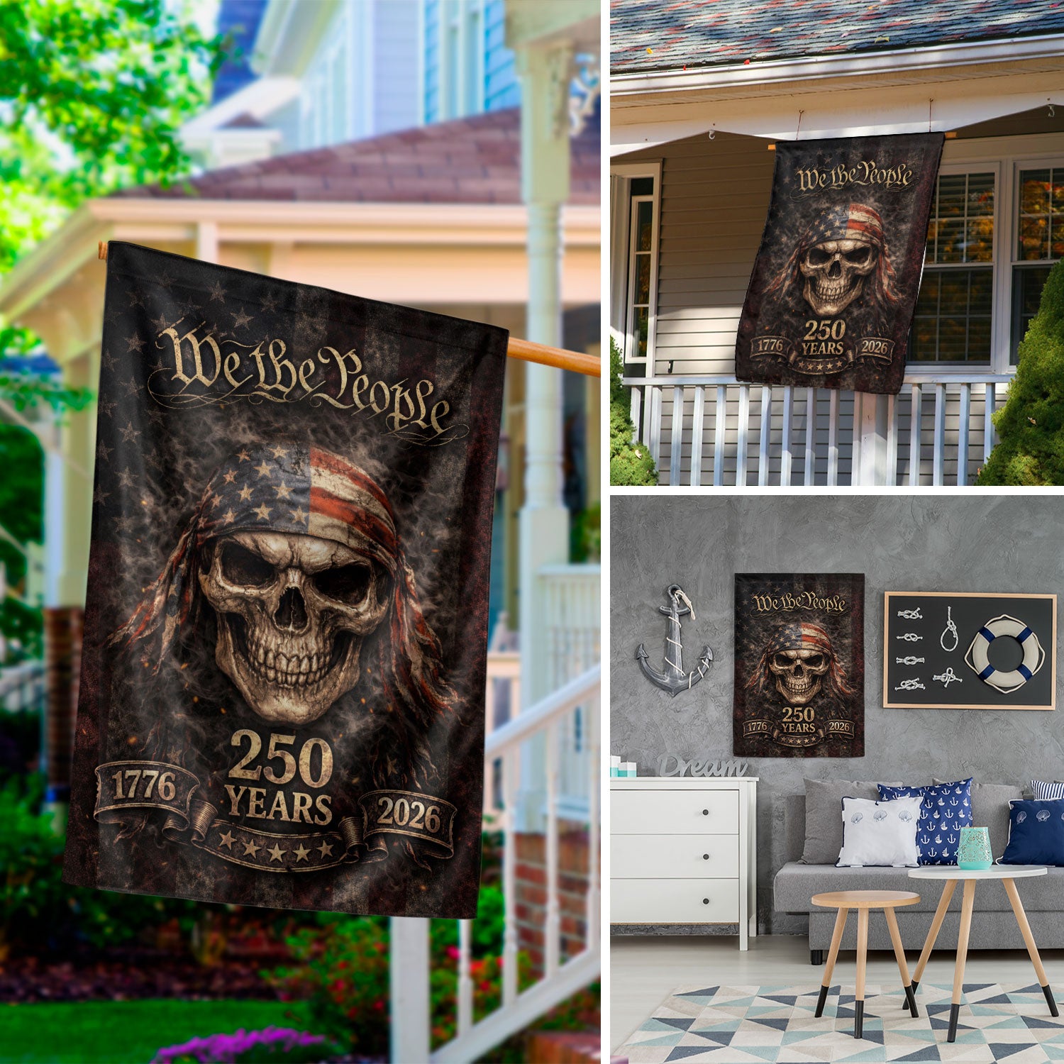 USA 250 Years Garden Flag - We The People Skull Patriotic Outdoor Decor 1776-2026