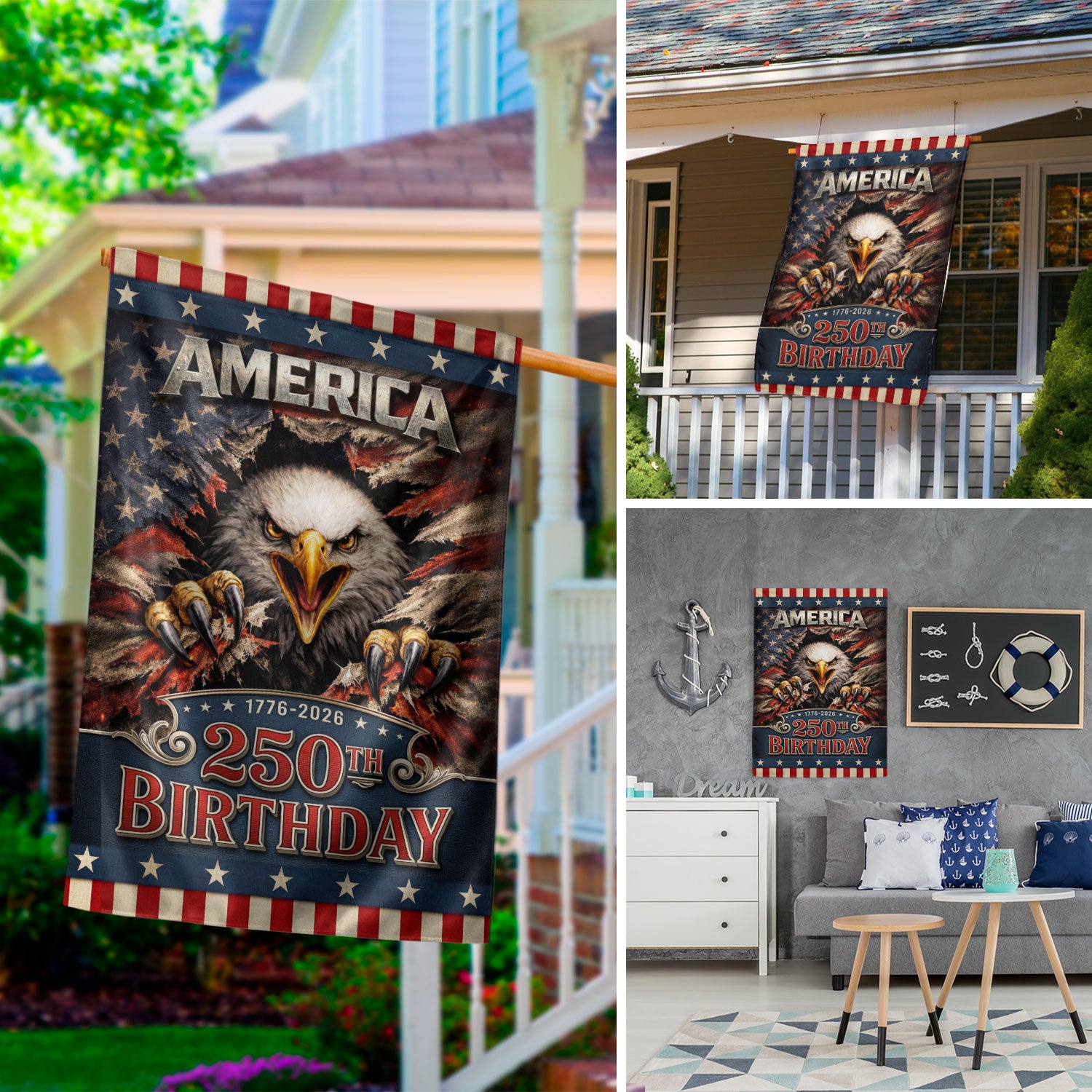 USA 250th Birthday Garden Flag - Patriotic Eagle Ripped Flag Outdoor Decor 1776-2026 - Rust Field Wear