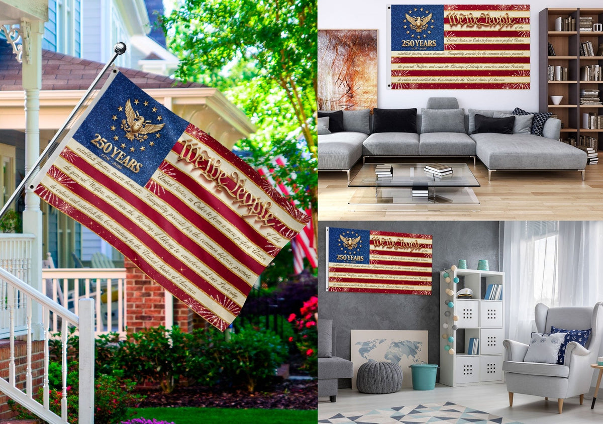 250 Years United States Flag - We The People Patriotic Home Banner 1776-2026 - Rust Field Wear