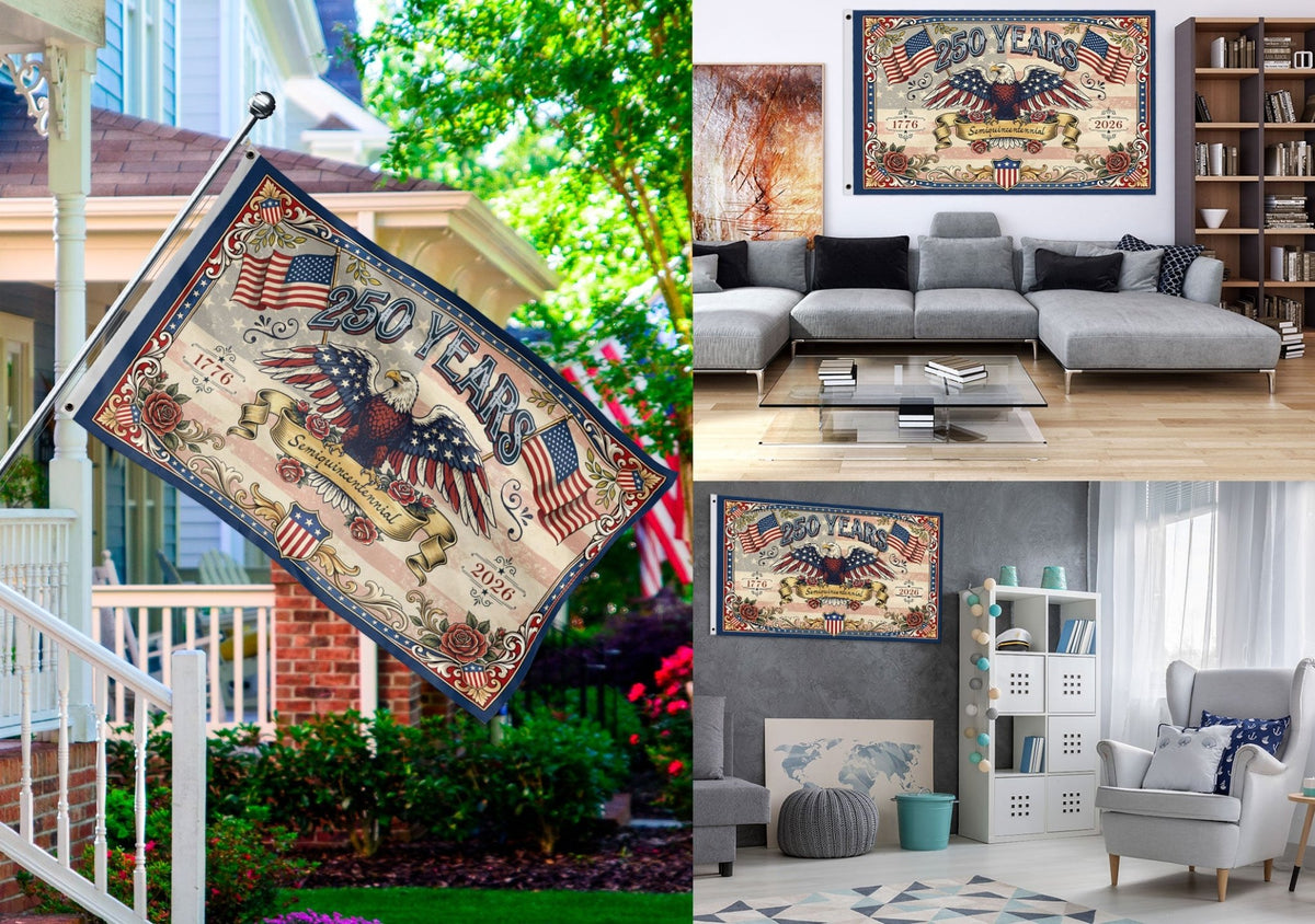 USA 250 Years Commemorative Flag - Vintage Eagle and Roses Patriotic Outdoor Banner - Rust Field Wear