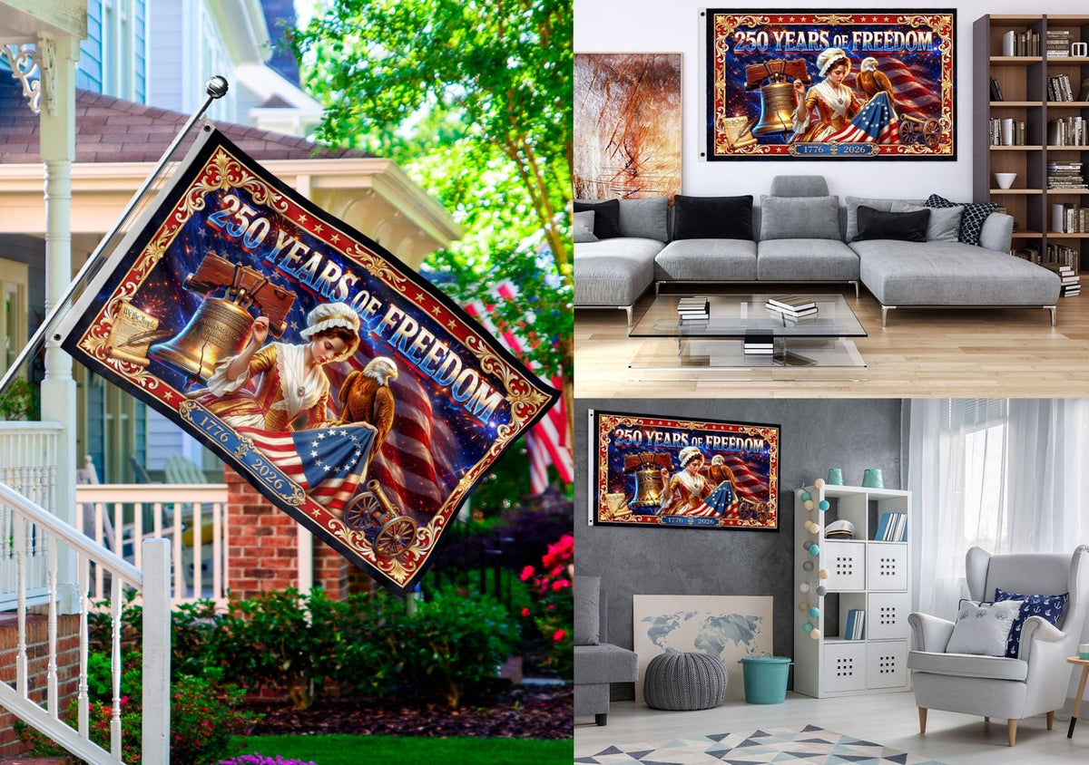 USA 250 Years of Freedom Flag - Betsy Ross & Liberty Bell Patriotic Banner 1776-2026 - Rust Field Wear