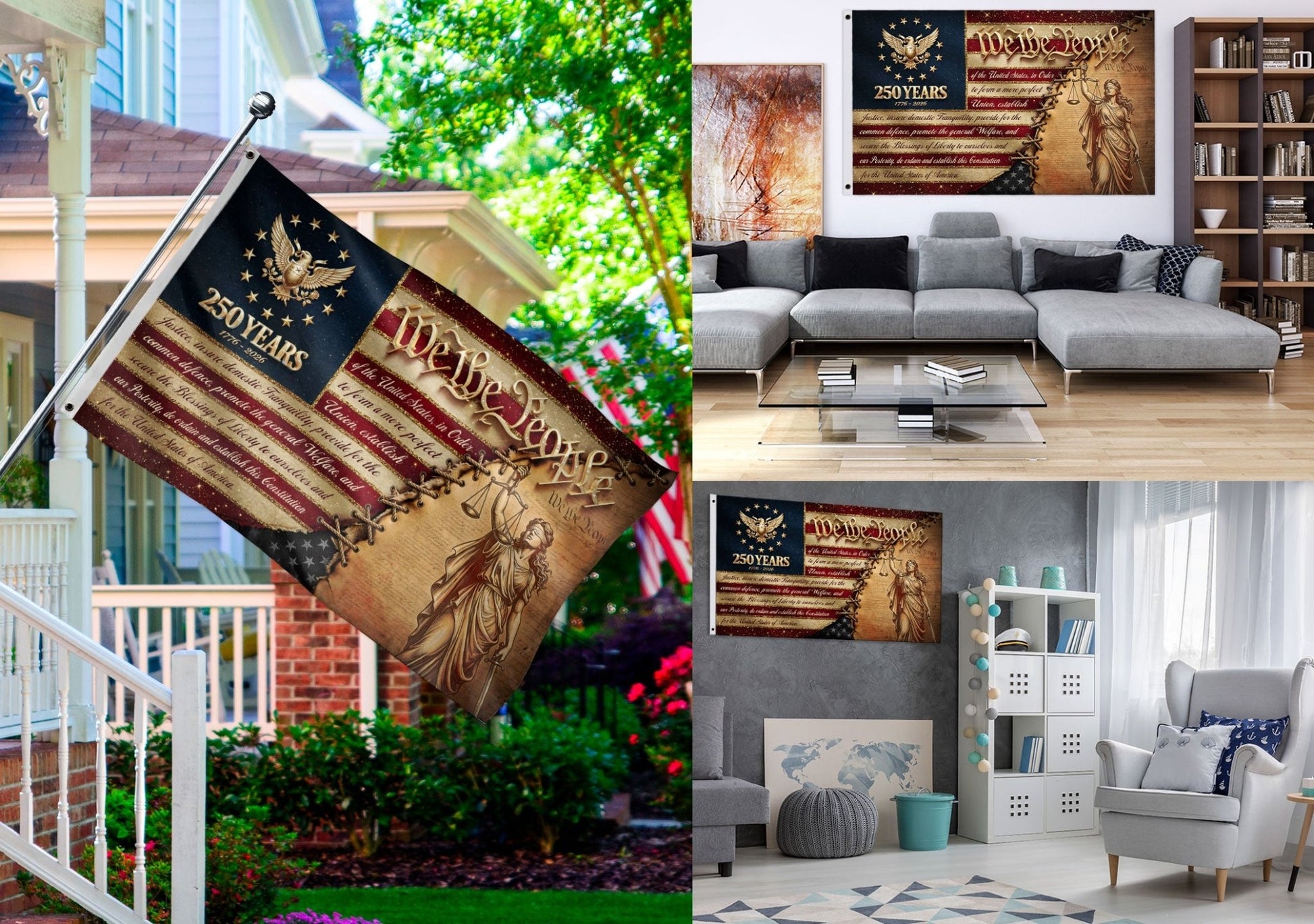 250 Years 1776-2026 Flag We The People Preamble Constitution Lady Justice Patriotic Banner - Rust Field Wear