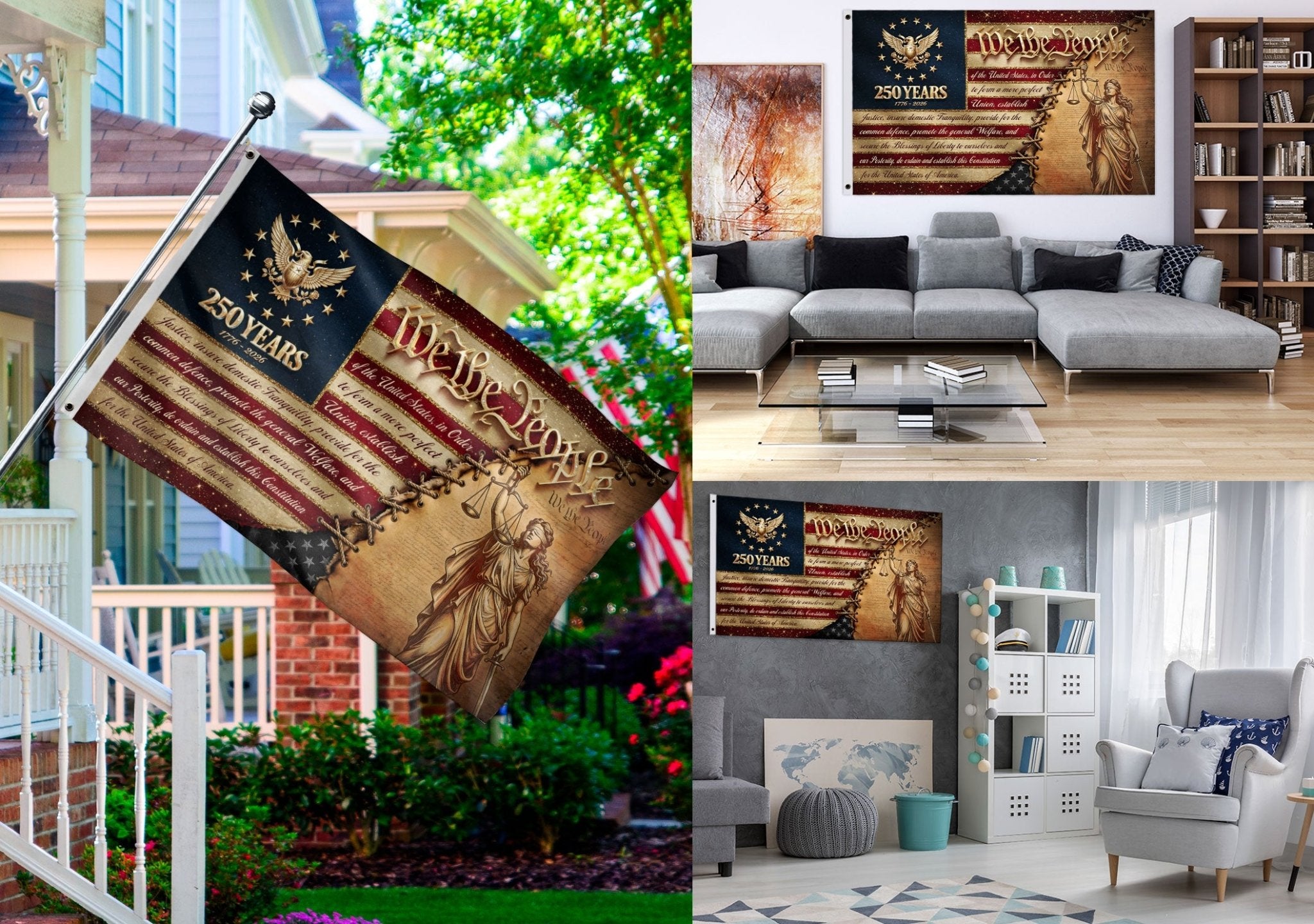 250 Years 1776-2026 Flag We The People Preamble Constitution Lady Justice Patriotic Banner - Rust Field Wear