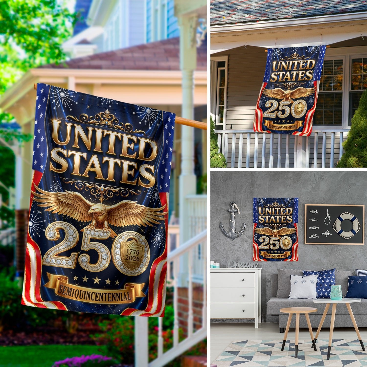 250th Anniversary United States House Flag - Luxury Gold Patriotic Home Banner Decor - Rust Field Wear