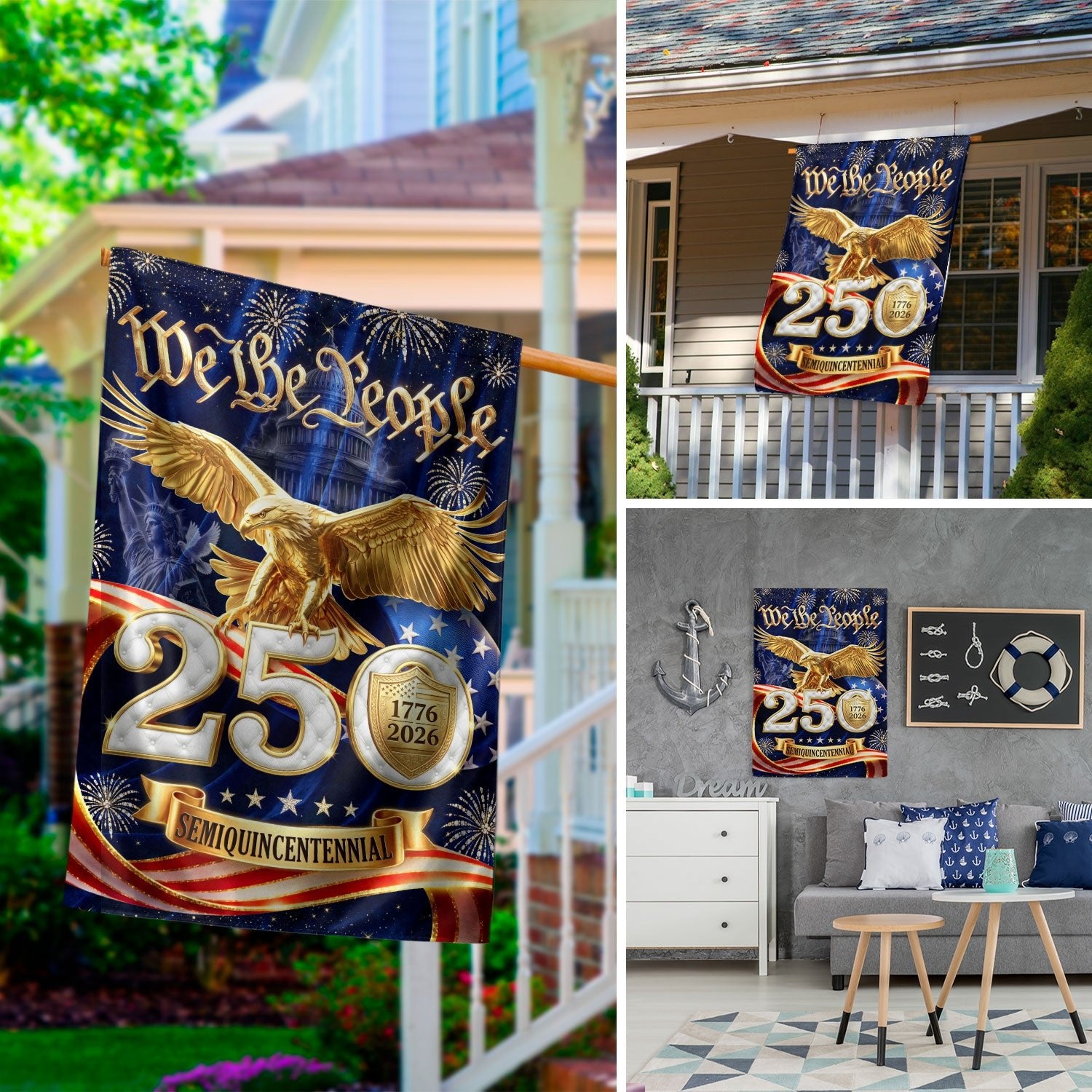 250 Years United States House Flag - We The People Golden Eagle Patriotic Home Banner - Rust Field Wear